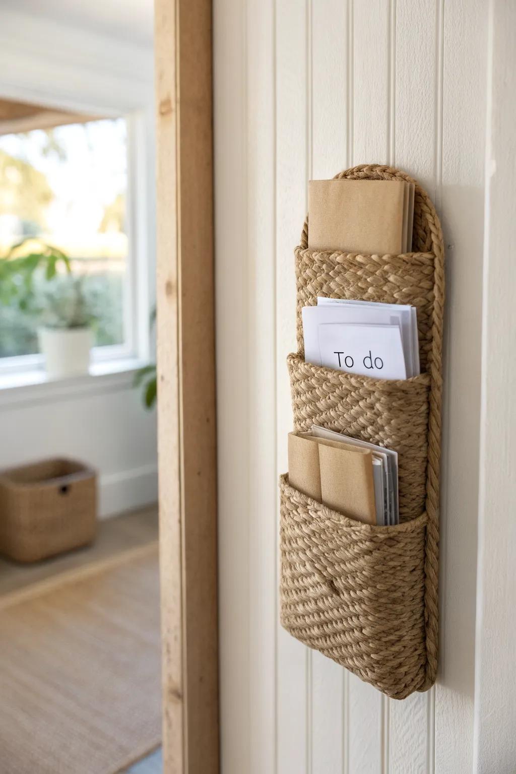Sort mail the moment you walk in—one slim wall pocket keeps papers tidy and clutter away.