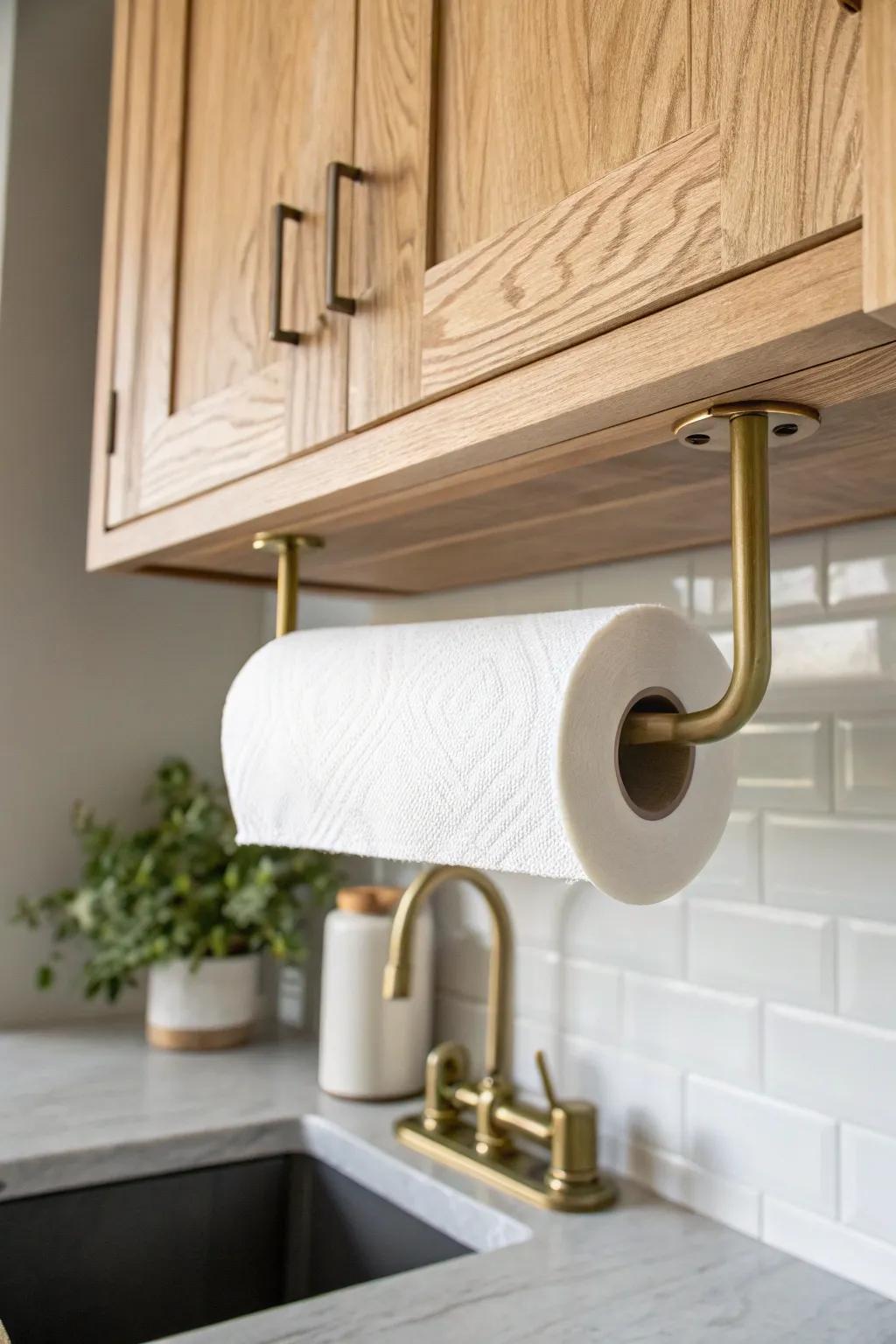Under-cabinet paper towel holder: free up counters and keep rolls clean, dry, and stylish.
