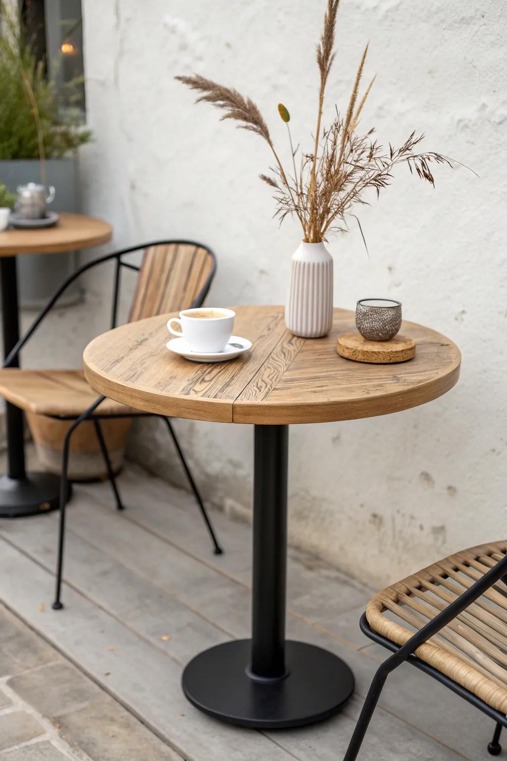 A petite round bistro table creates a cozy outdoor dining nook—even on the smallest patio.