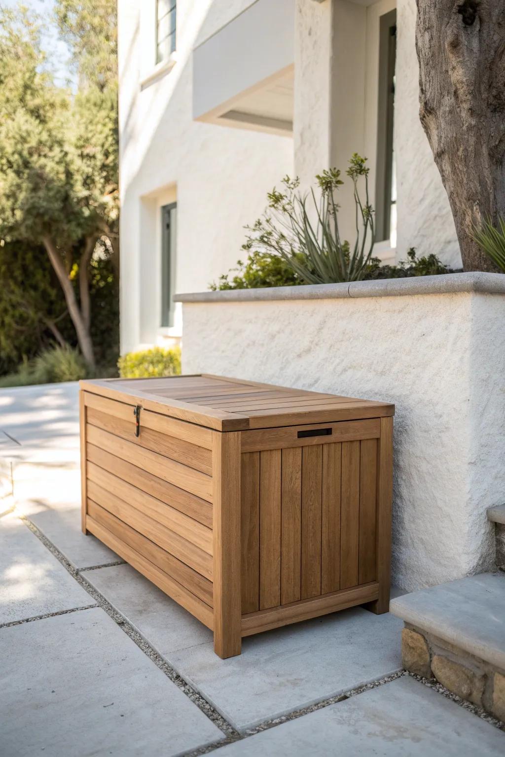 Sleek weatherproof deck box: the one-minute trick for a clutter-free, cozy patio.