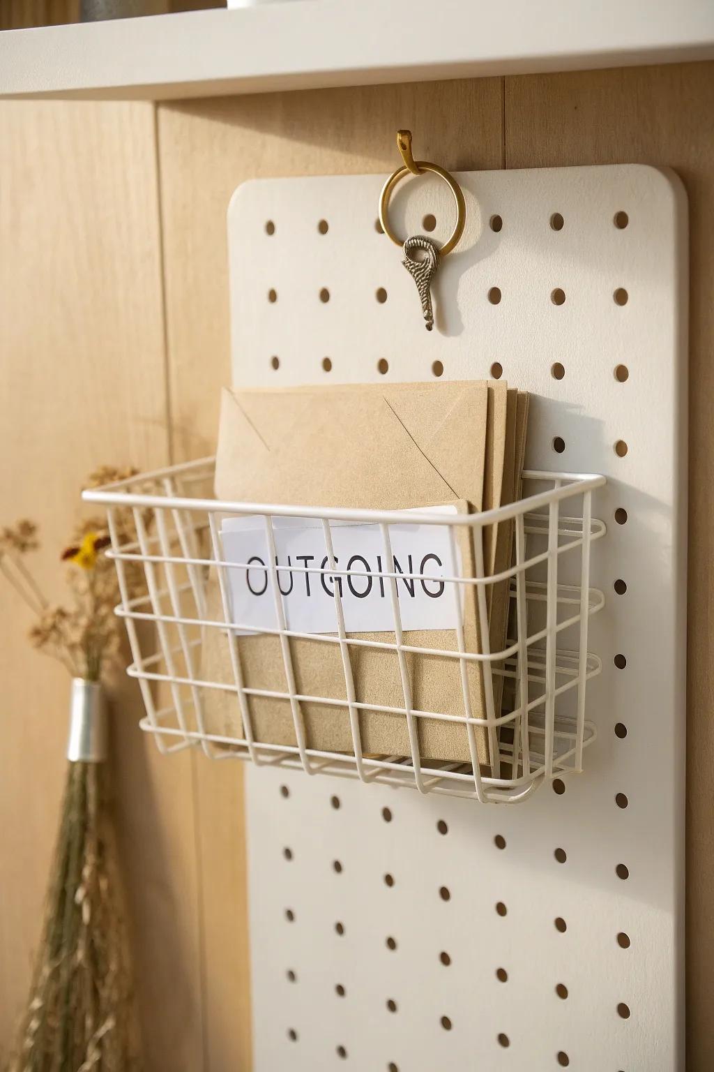 A labeled wire basket on your pegboard keeps keys and “outgoing” mail beautifully contained.