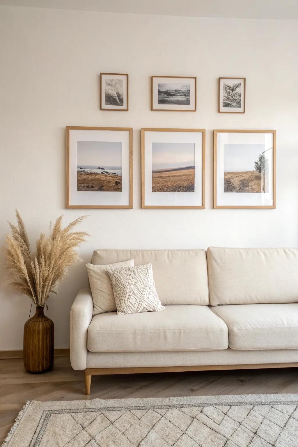 A centered, bottom-aligned photo frame row above the sofa for a tidy, finished small-space look.