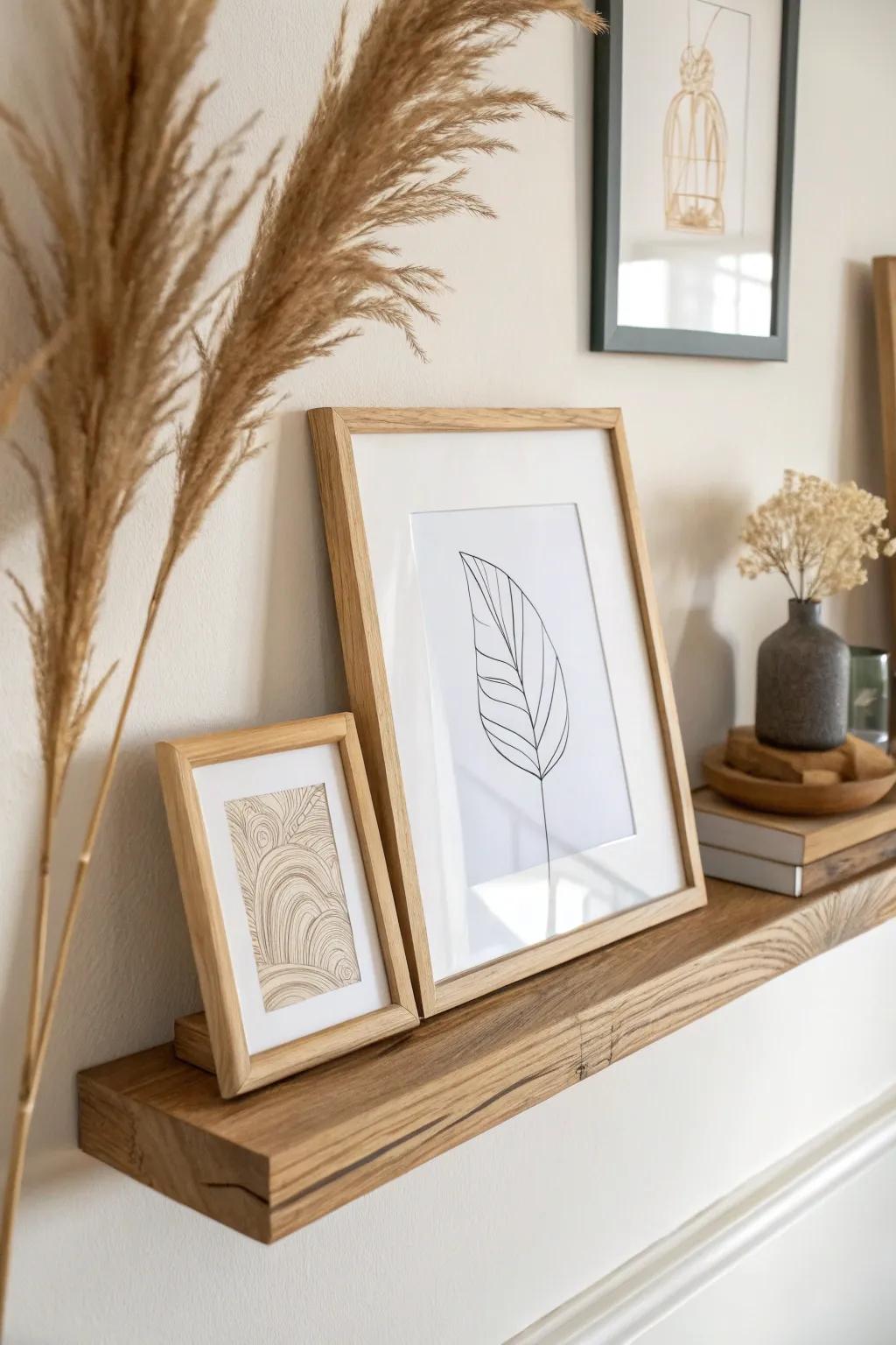 Layer a smaller frame in front of a larger one for effortless depth on your picture ledge.