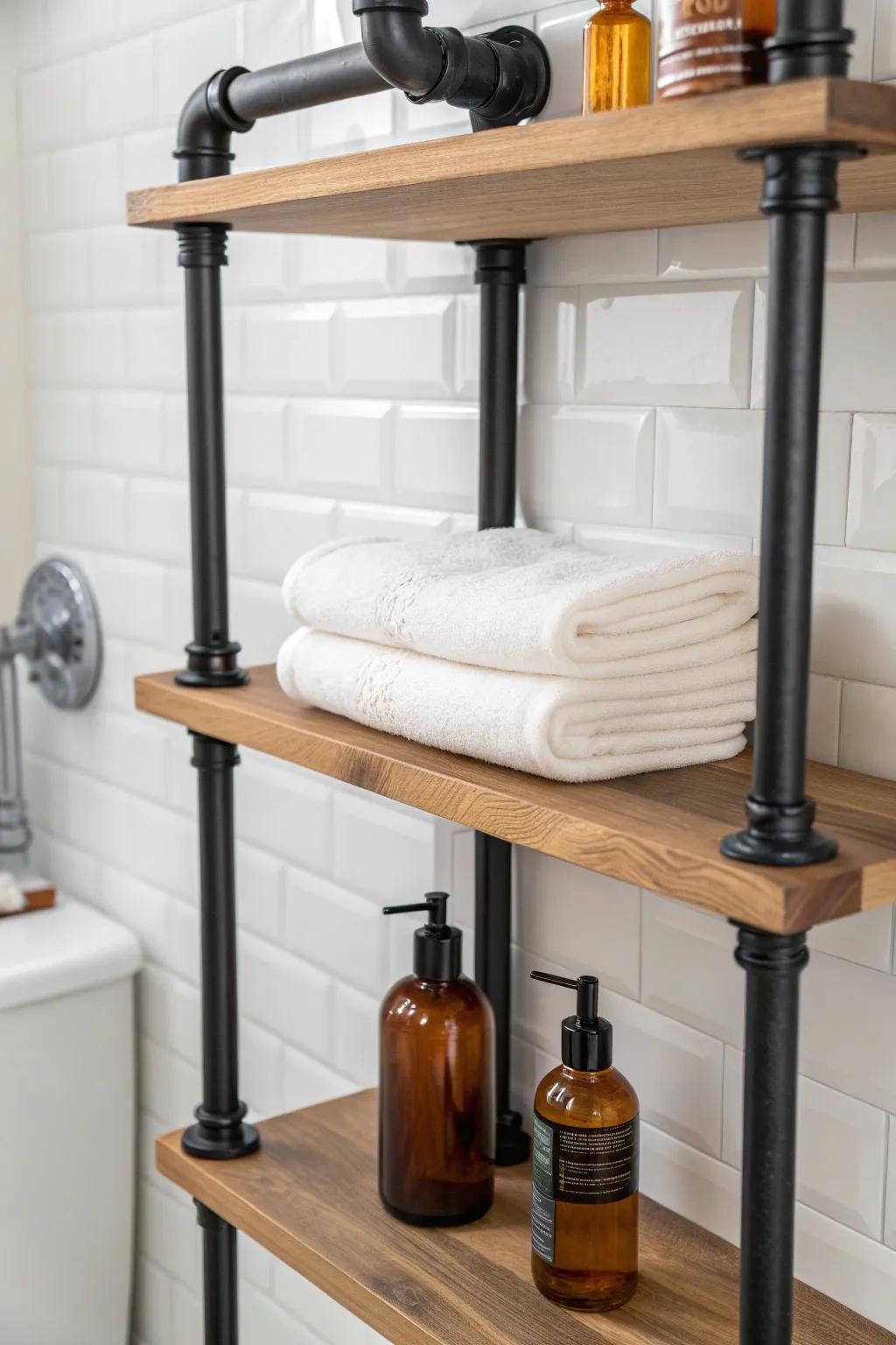 A slim black pipe shelf over the toilet—warm wood, rolled towels, and mini-spa calm.
