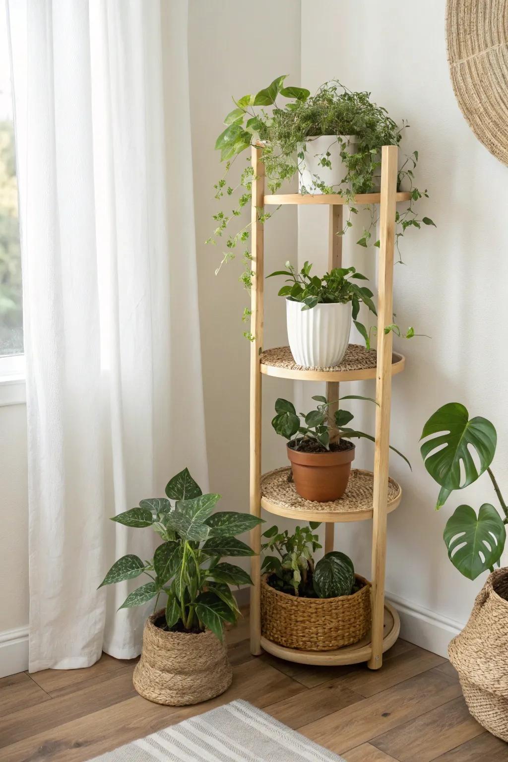 Turn an empty corner into a mini indoor jungle with a sleek tiered plant stand.