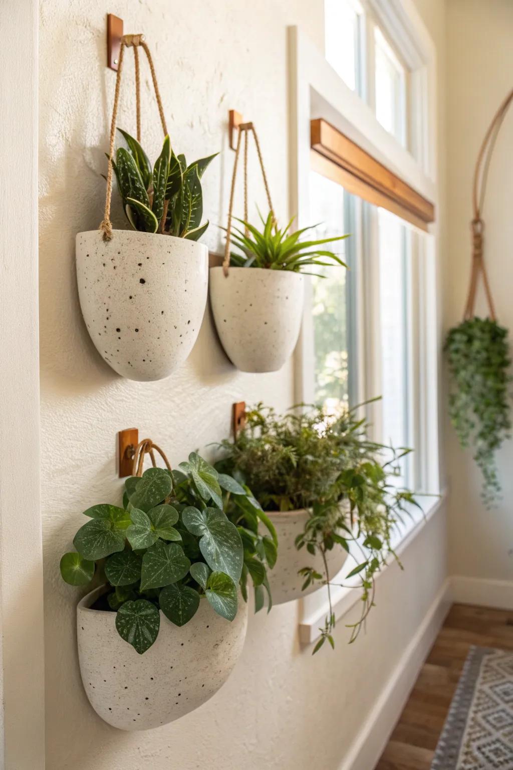 Three wall planters—round, oval, pocket—turn a blank corner into living, sculptural art.