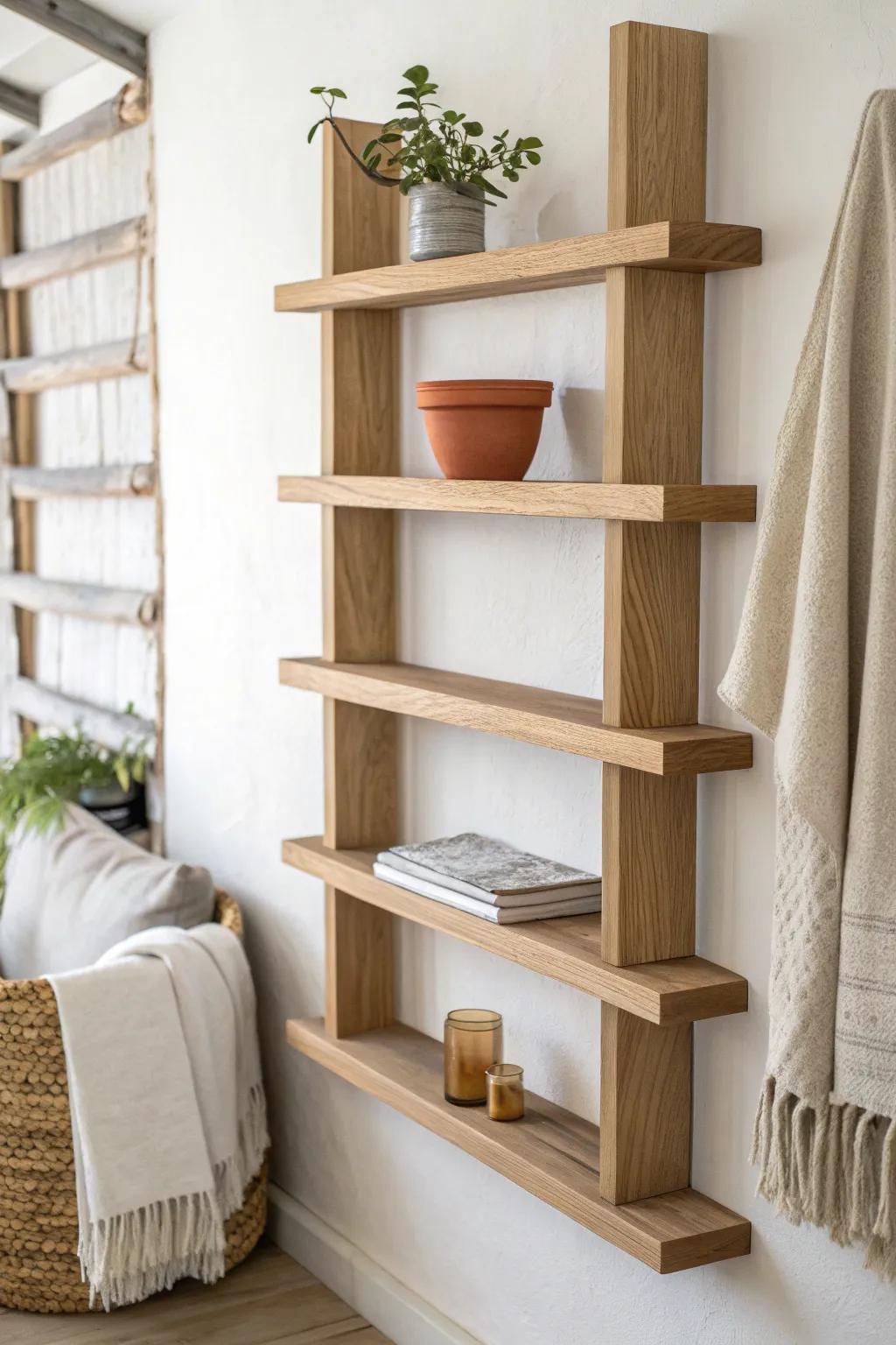 Staggered wall shelf layers create an airy plant display with balanced light and organic texture.