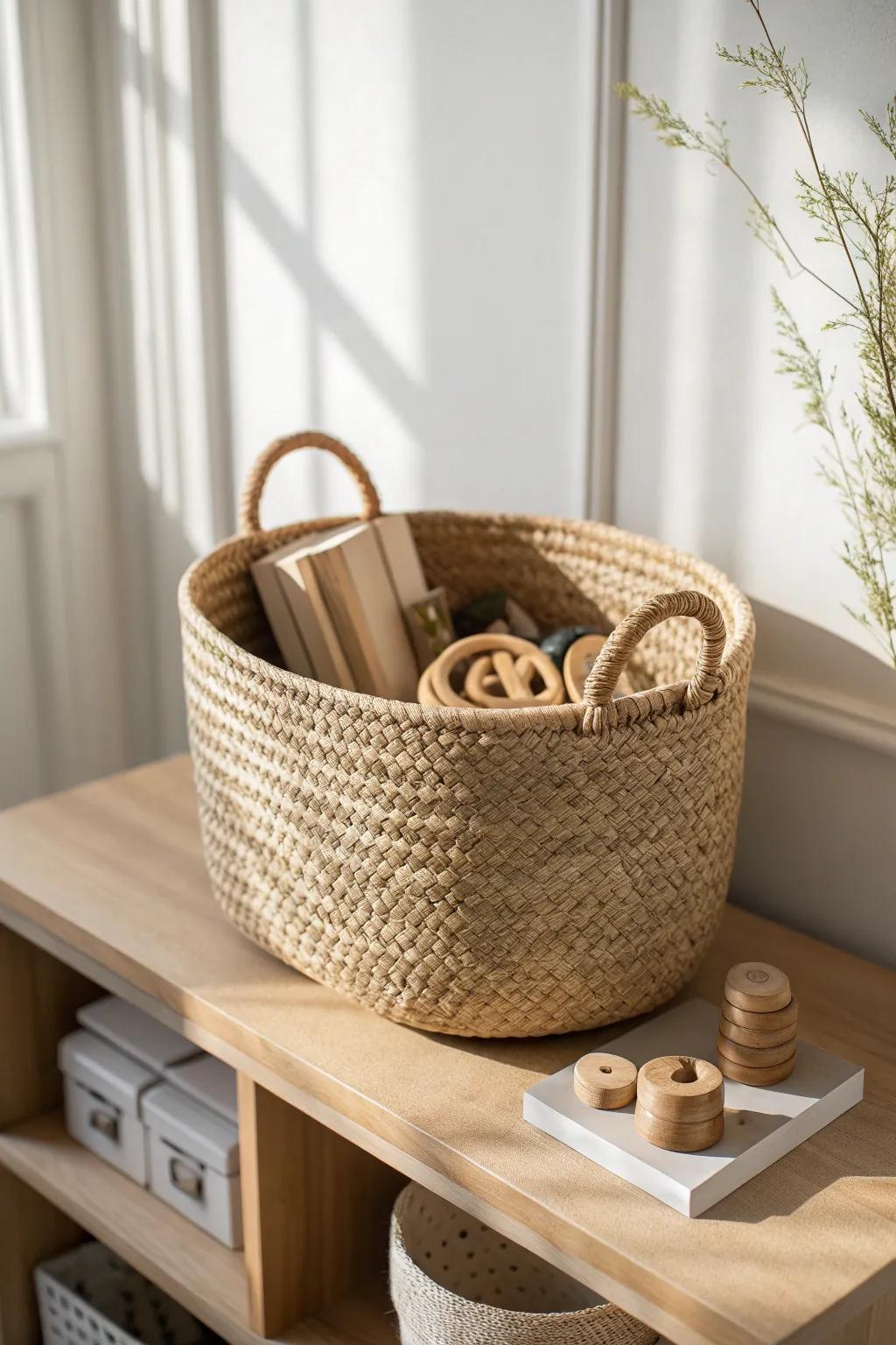Open woven basket on a low shelf—easy grab-and-go toy storage with calm, boho minimal style.