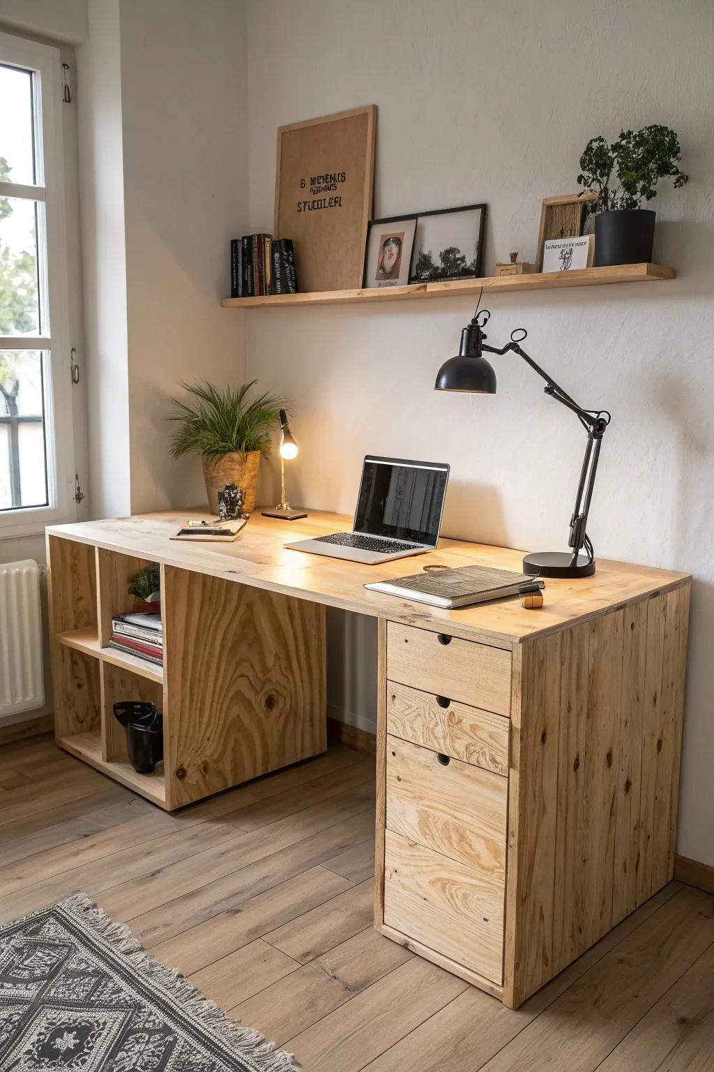 Elevate your workspace with this beautifully crafted L-shaped plywood desk, perfect for any corner.