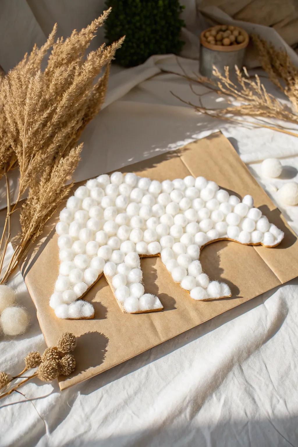 Crafted with love: A minimalist polar bear made from fluffy cotton balls, embodying simplicity and natural beauty.