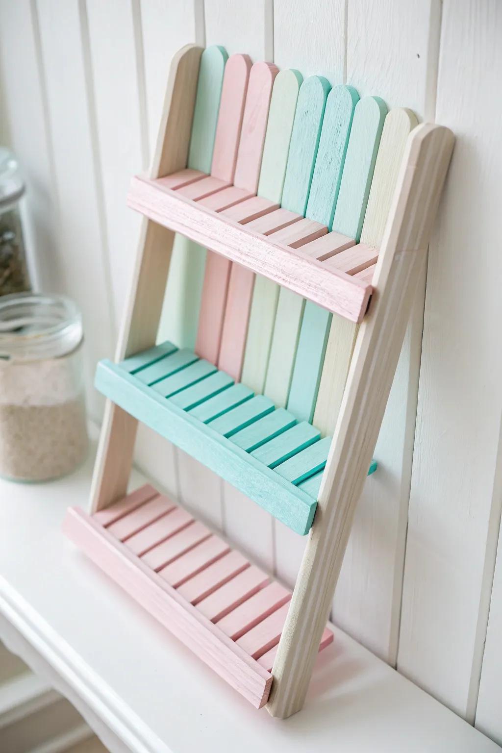 Elevate your space with a pop of pastel charm: Craft your own colorful tiered popsicle stick shelf.
