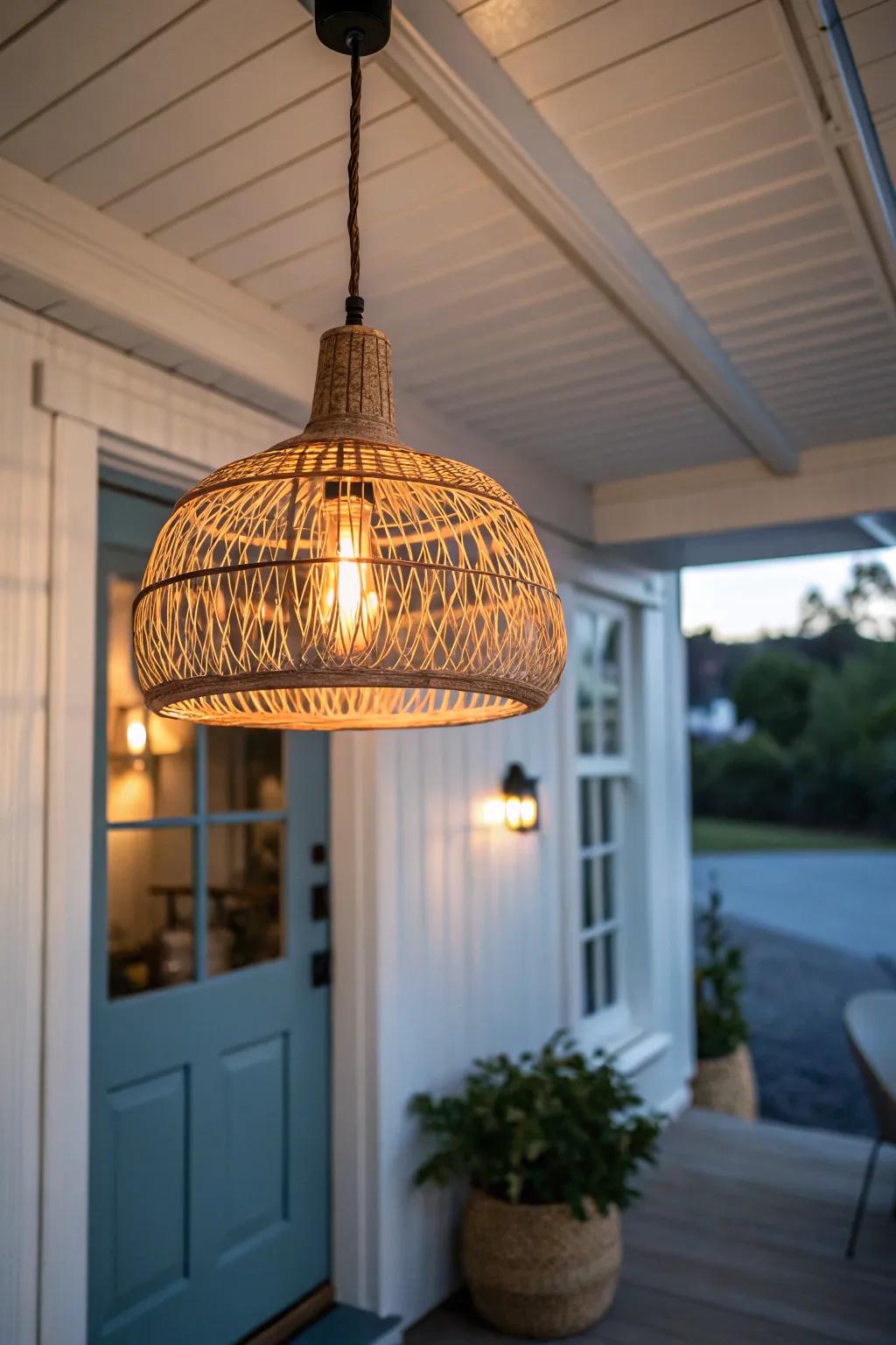 One centered porch pendant adds a classic entry glow—warm, minimal, and space-saving.