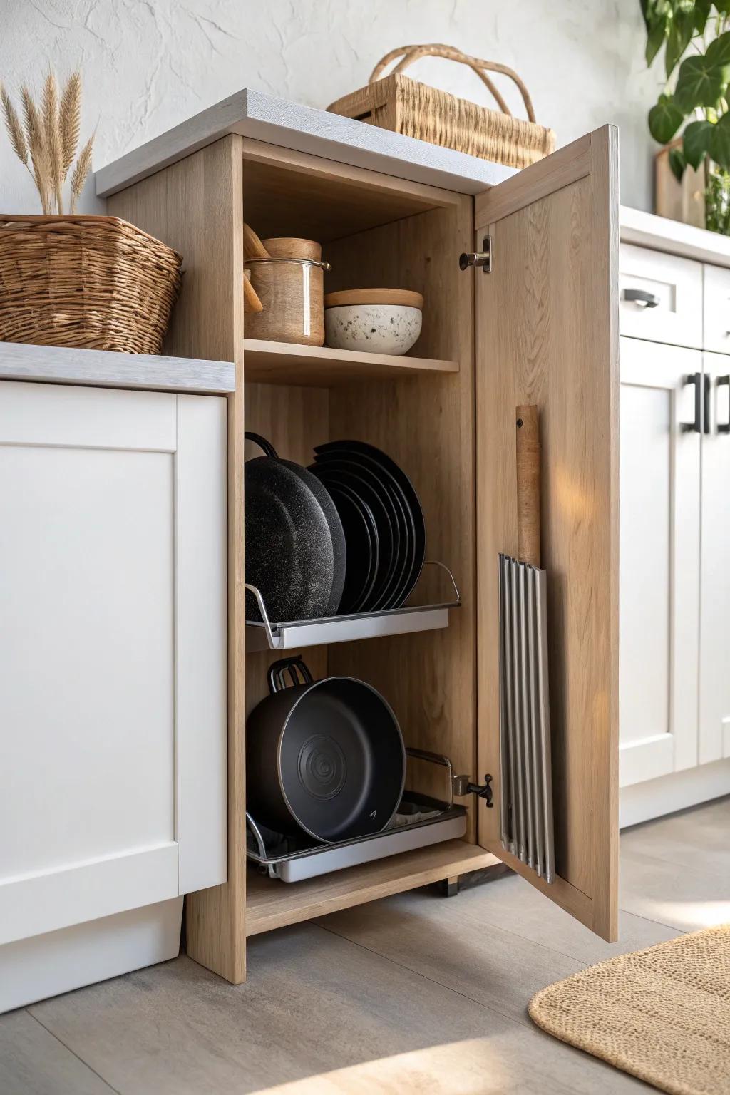 Vertical pan files keep skillets and lids upright—grab one like a folder, no clanging stacks.