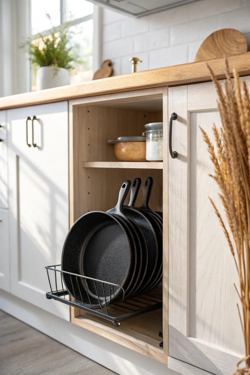 A vertical pan rack keeps your everyday skillet easy to grab—no more unstacking piles.