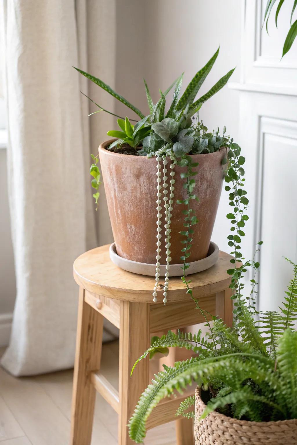 One pot, big impact: thriller, fillers, and a spilling vine for instant potted-garden style.