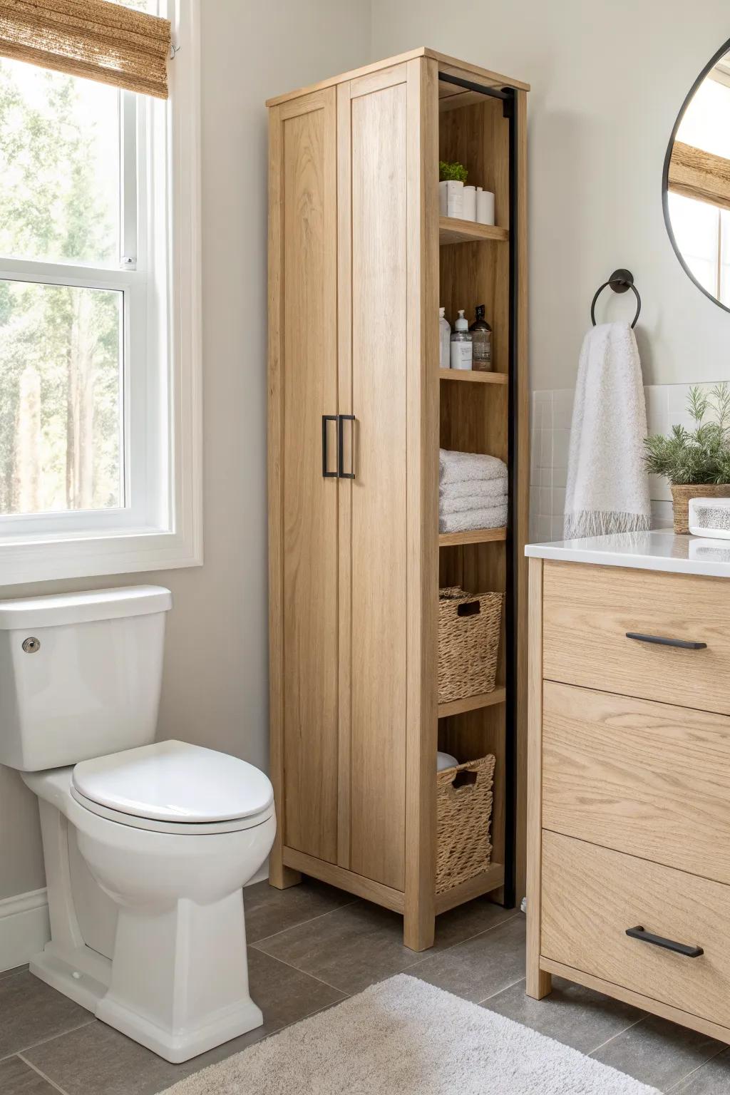 Turn the awkward toilet gap into chic vertical storage with a slim cabinet.