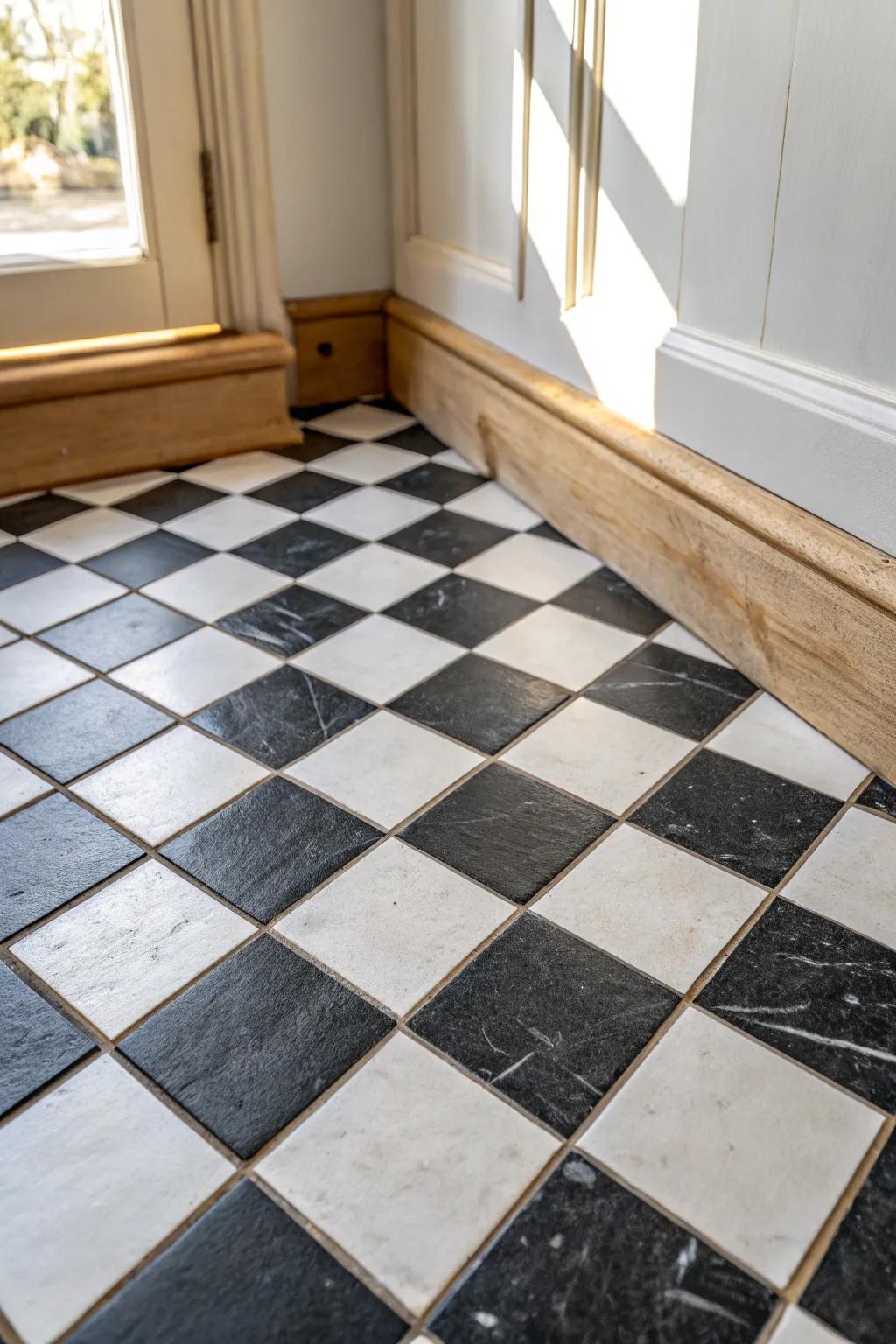 Crisp black-and-white checkerboard tiles add instant charm to the tiniest powder room.