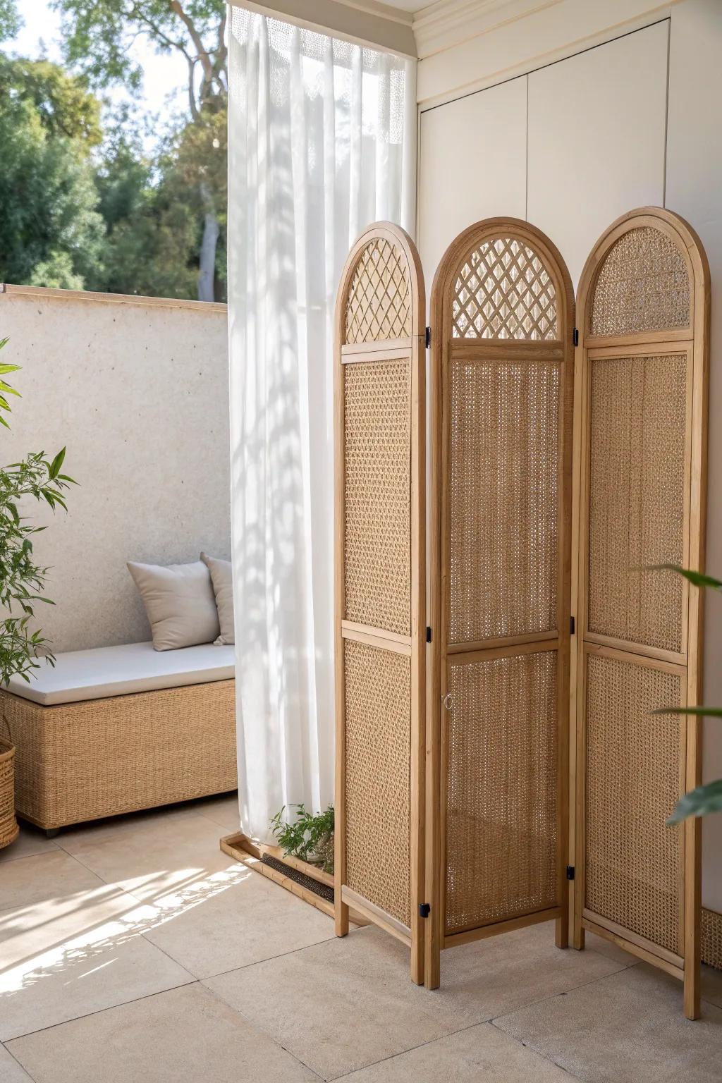 A movable rattan privacy screen that blocks the right angles—minimal, warm, and patio-friendly.
