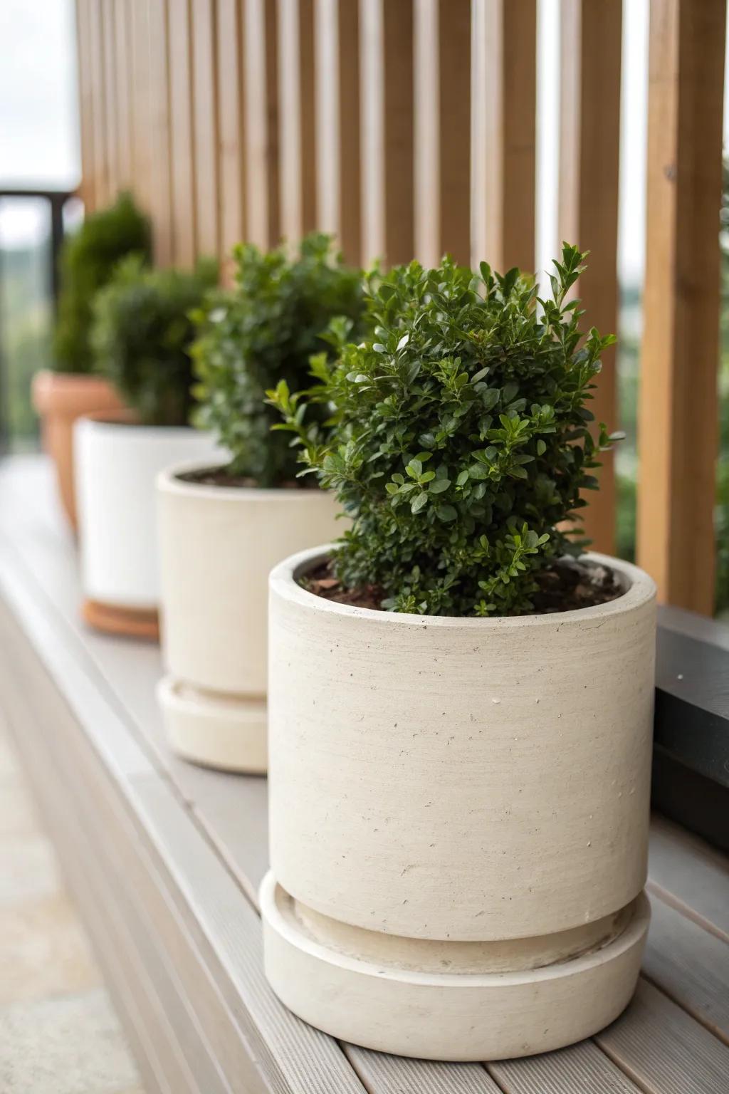 One matching pot + compact evergreen = a polished, year‑round privacy look for small decks.