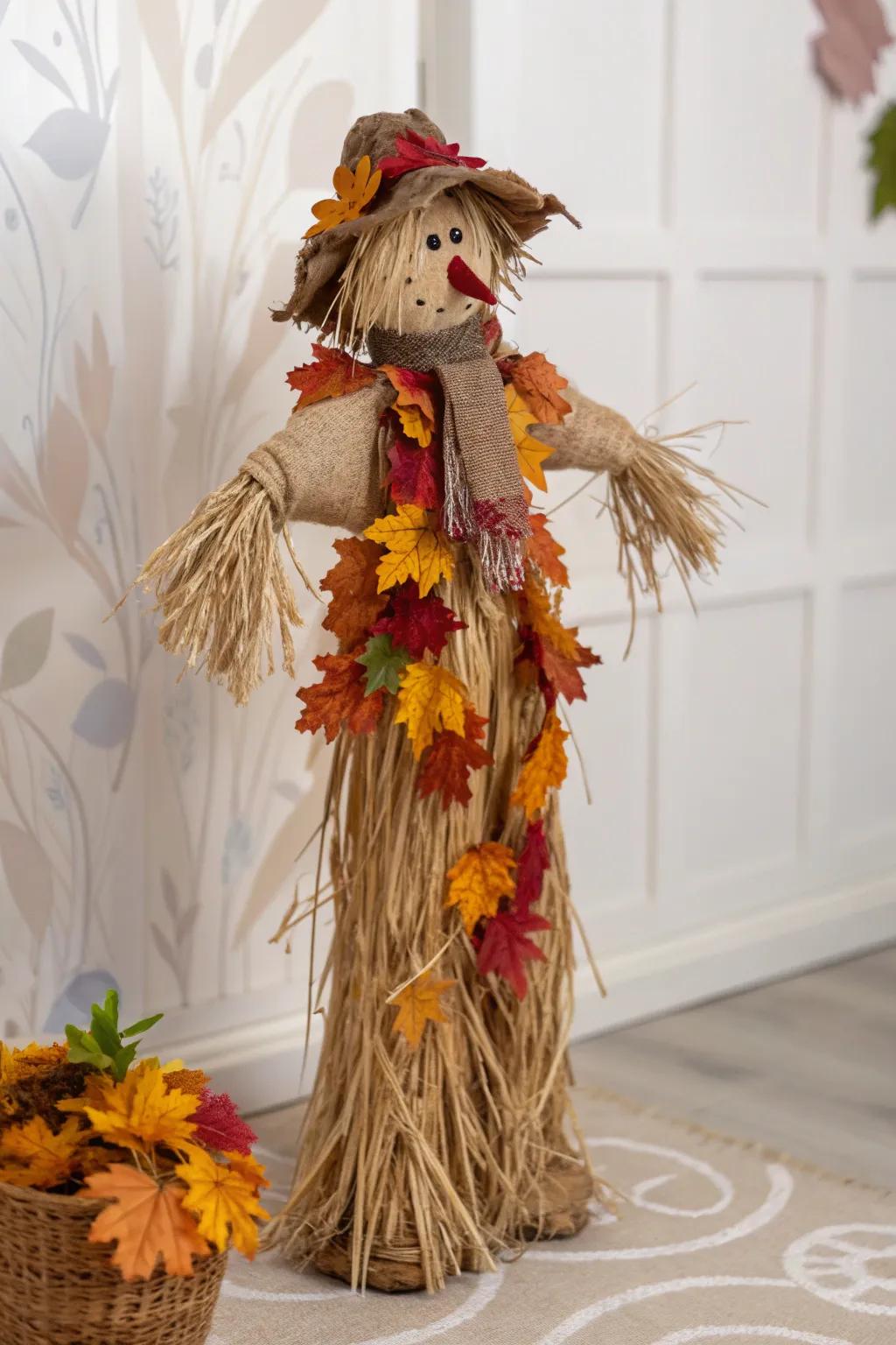 Embrace autumn elegance with a handcrafted scarecrow wrapped in nature's finest hues.