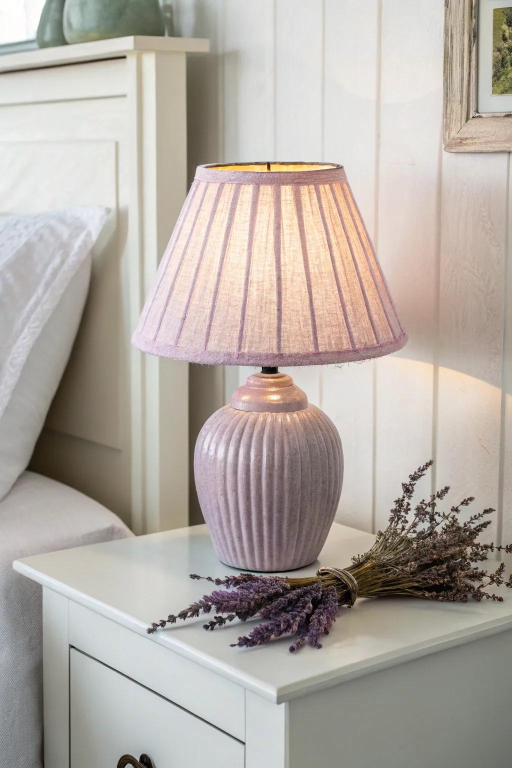 Lavender + white keeps a tiny dorm bright—this cozy lamp moment adds the perfect purple touch.