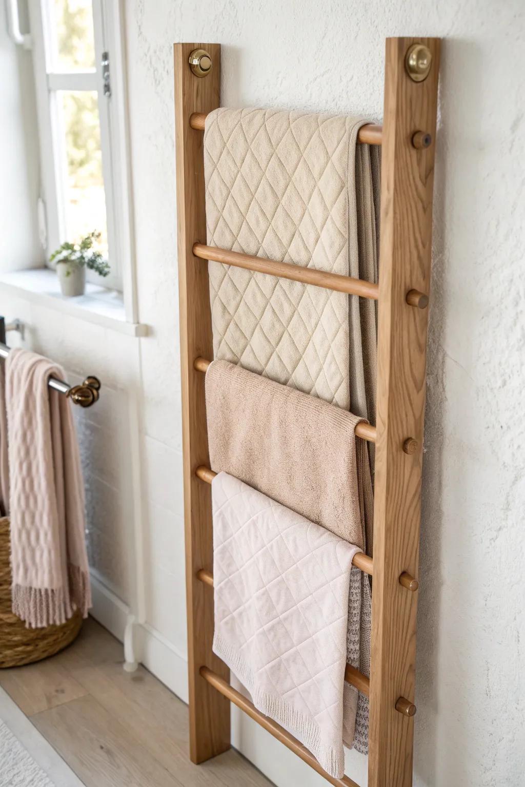 Wall-mounted swing-arm quilt rack: slim storage that fans quilts out, then folds flat.