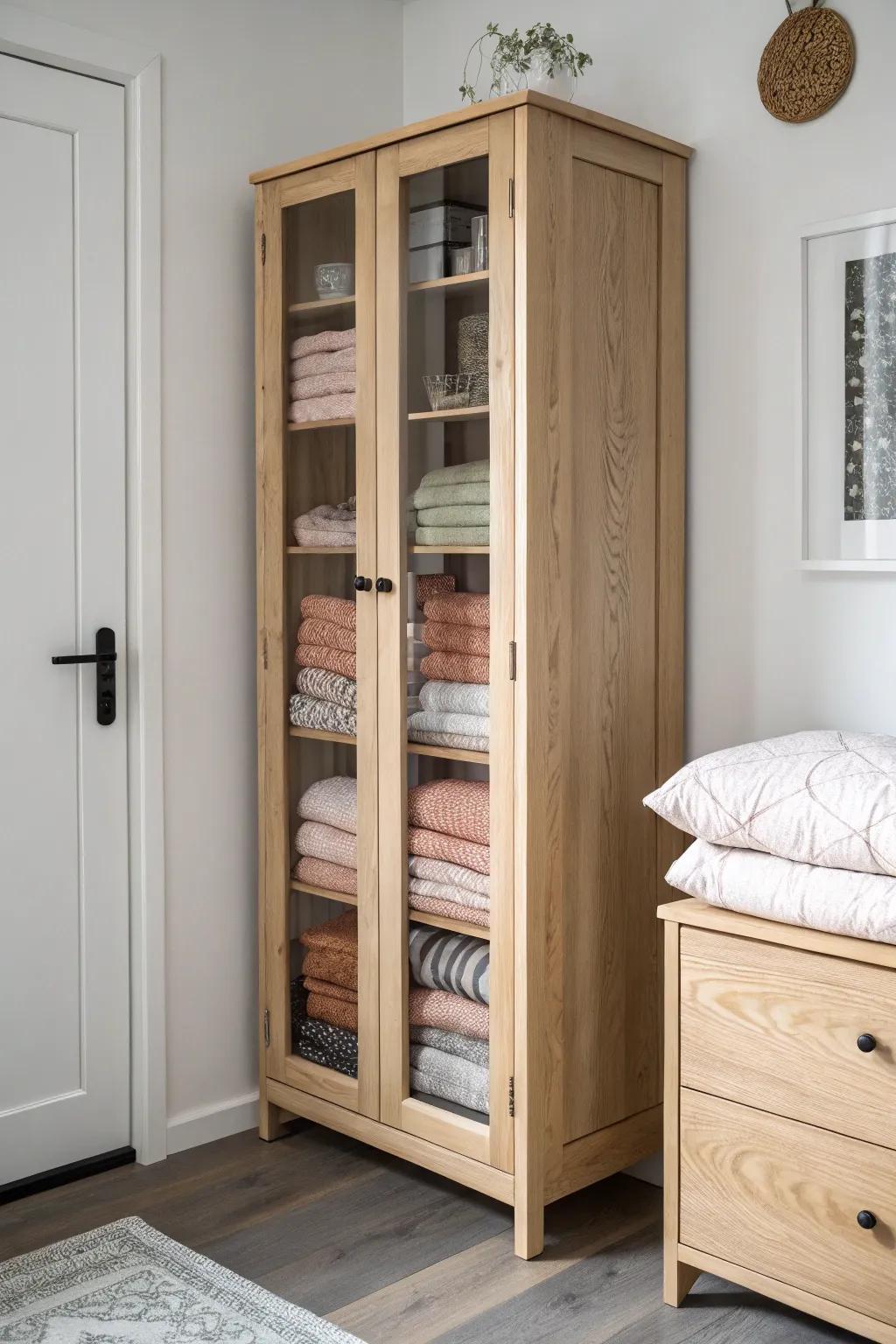 Quilts as decor: color-stacked in a glass-front cabinet—dust-free and easy to grab.
