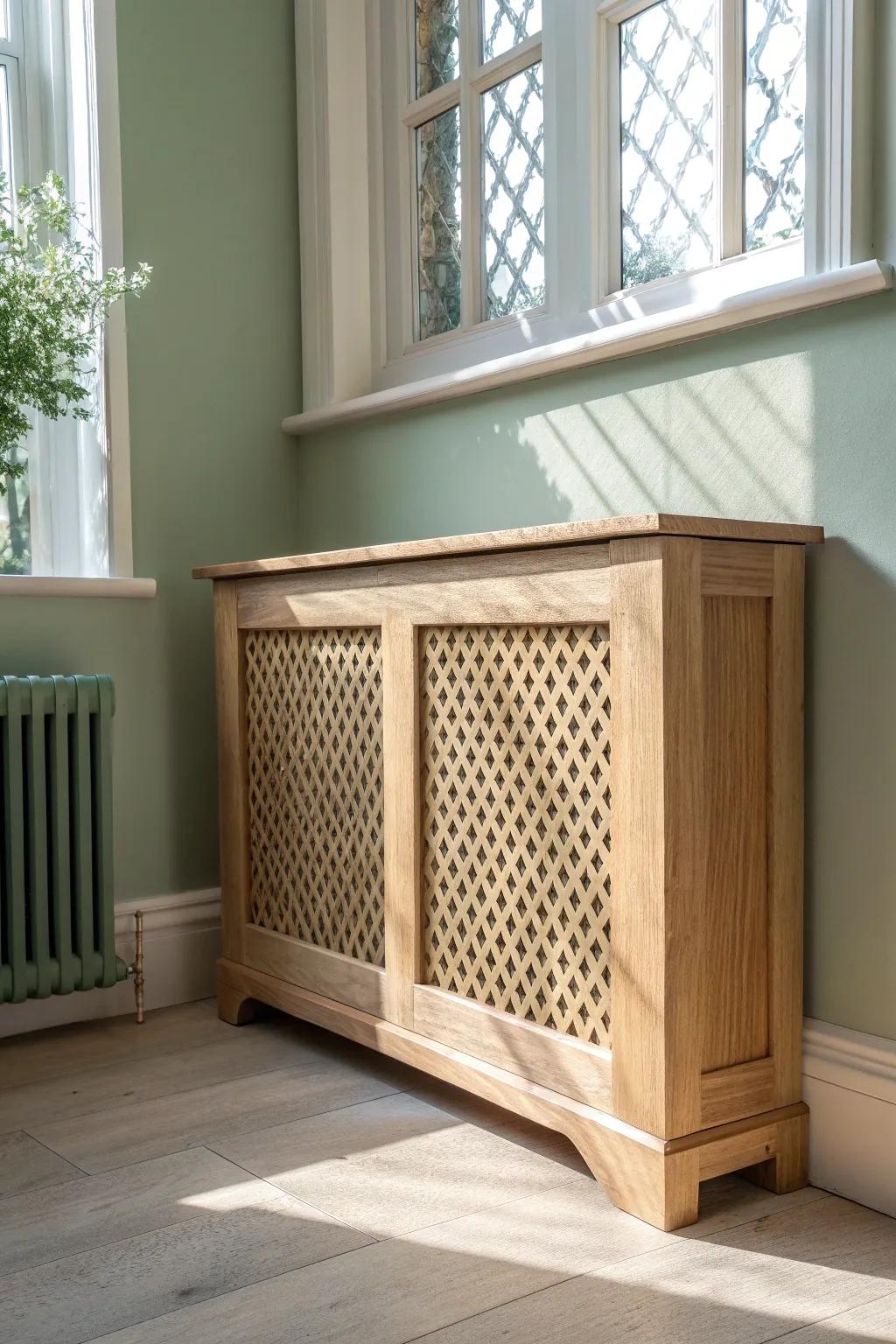 Classic lattice radiator cover in pale oak—timeless warmth for small, serene spaces.