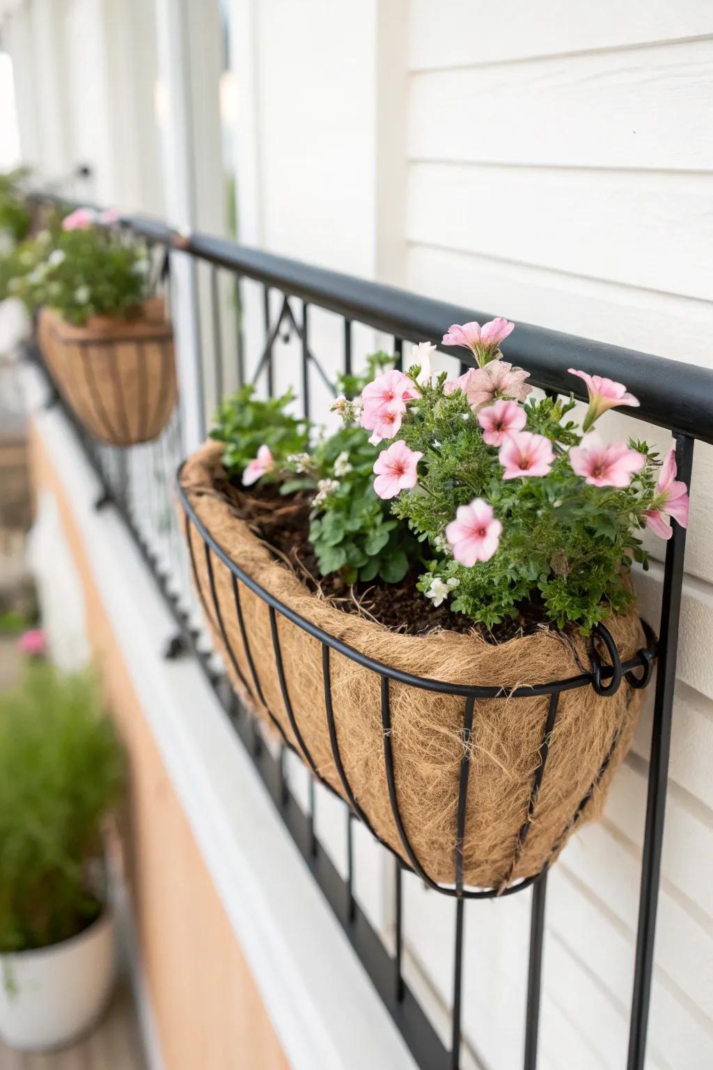 Hanging wire basket with a coco liner brings that cottagey, overflowing look to the tiniest rail.