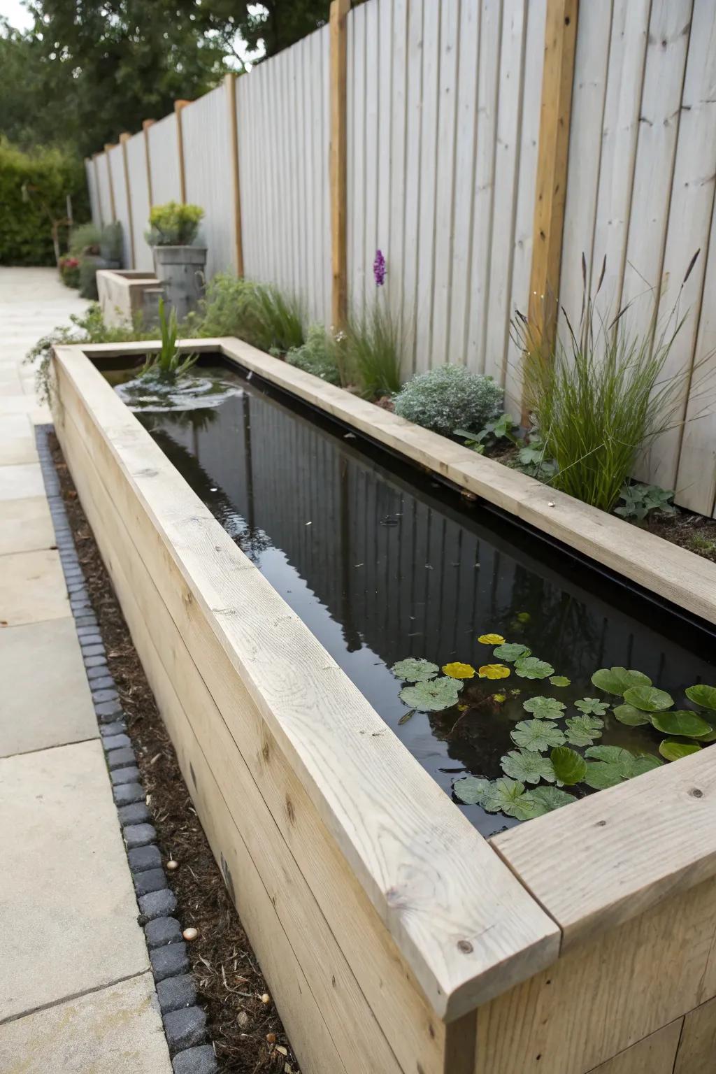 A slim, fence-line raised pond keeps the walkway open while adding calm, reflective beauty.