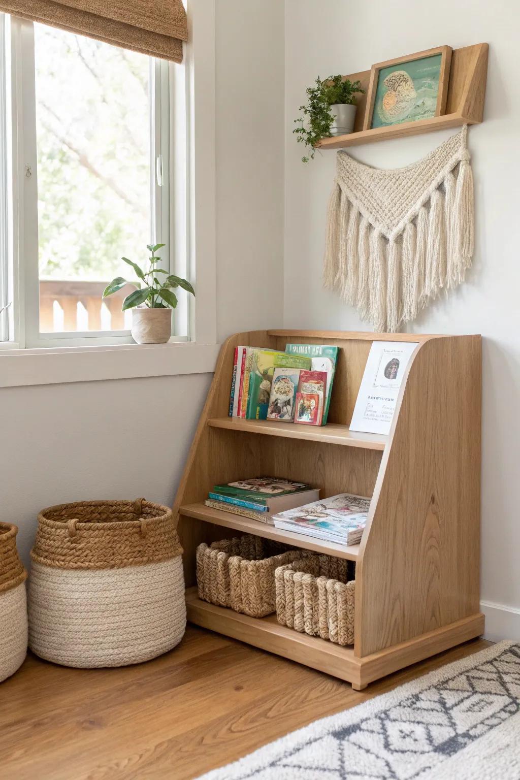 Low L-shaped shelves create a cozy “room within a room” for a small classroom nook.