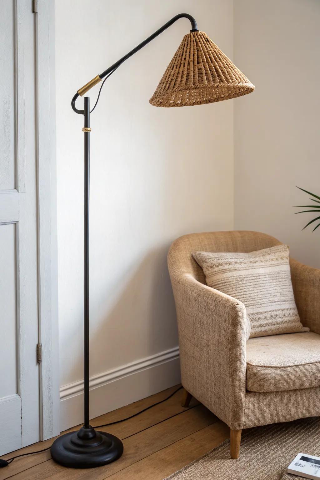 Adjustable floor lamp beside your chair—pinpoint light for cozy, clutter‑free reading.