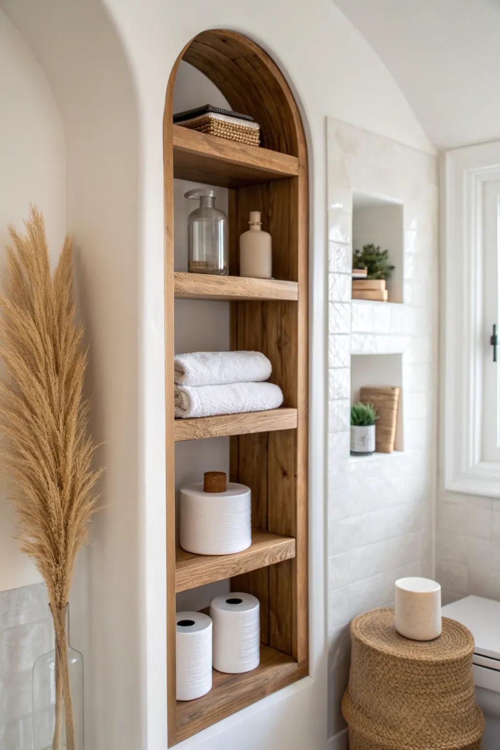 Flush above-toilet recessed shelf tower: towels and TP storage that keeps small baths airy.