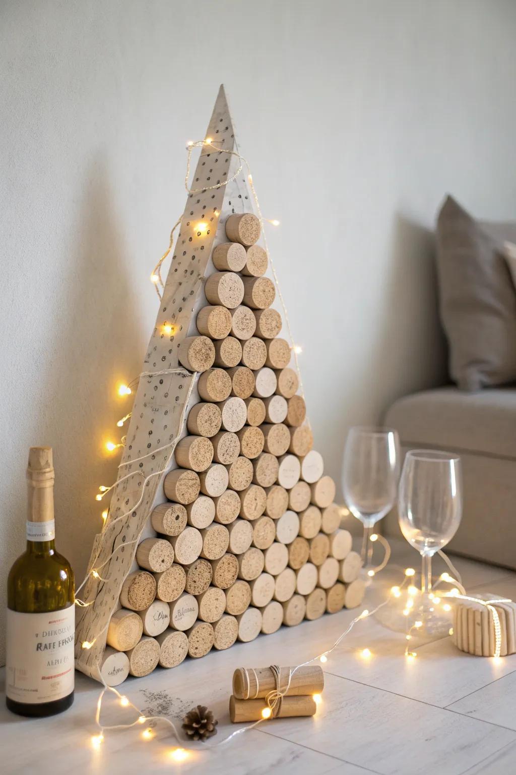 Embrace the warmth of a cozy winter with this charming DIY wine cork Christmas tree, aglow with rustic elegance.