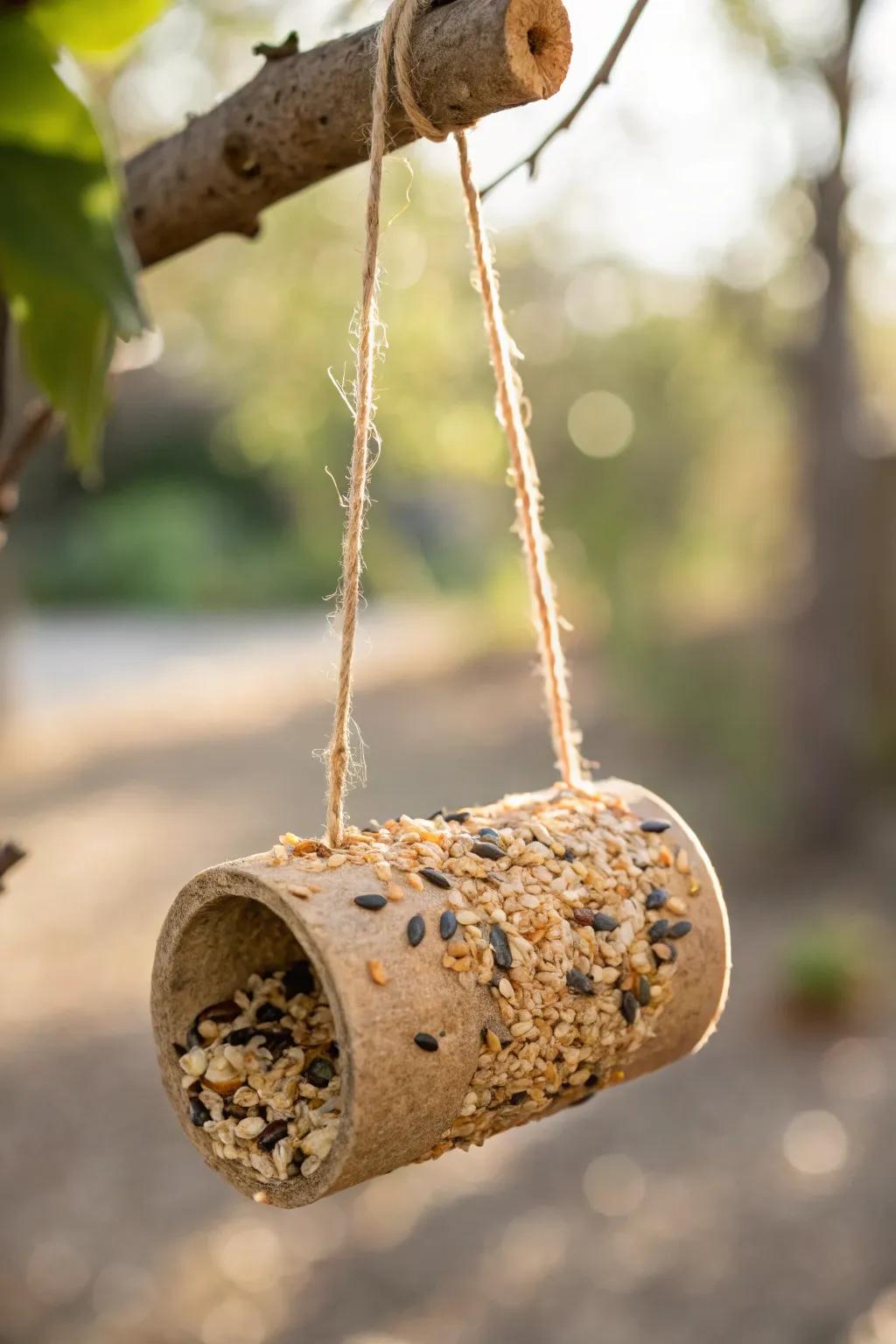 Transform your mornings with this charming DIY bird feeder, crafted from everyday materials for a touch of natural elegance.