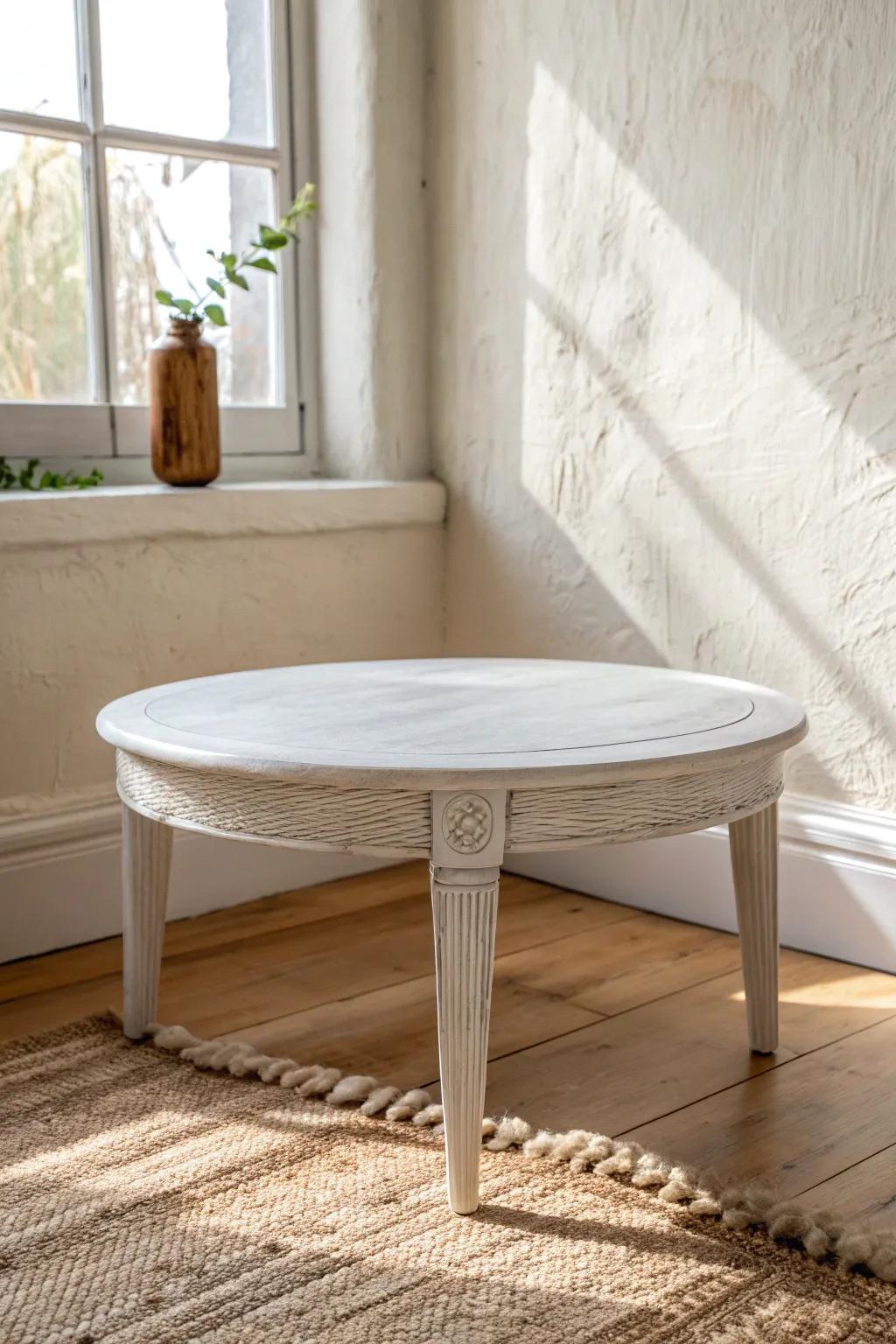 Bright matte-white coffee table makeover—an airy refinishing idea that instantly lightens small spaces.