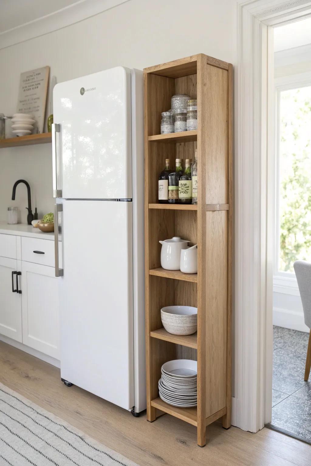 Open fridge-side shelves in oak + white—perfect for oils, salt, and mugs without clutter.