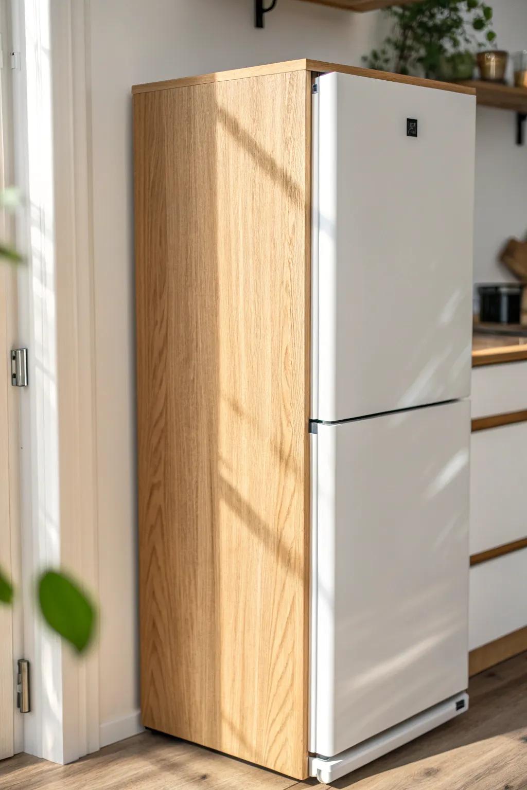 Removable faux side panel + hidden magnets for a built-in fridge look—renter friendly.