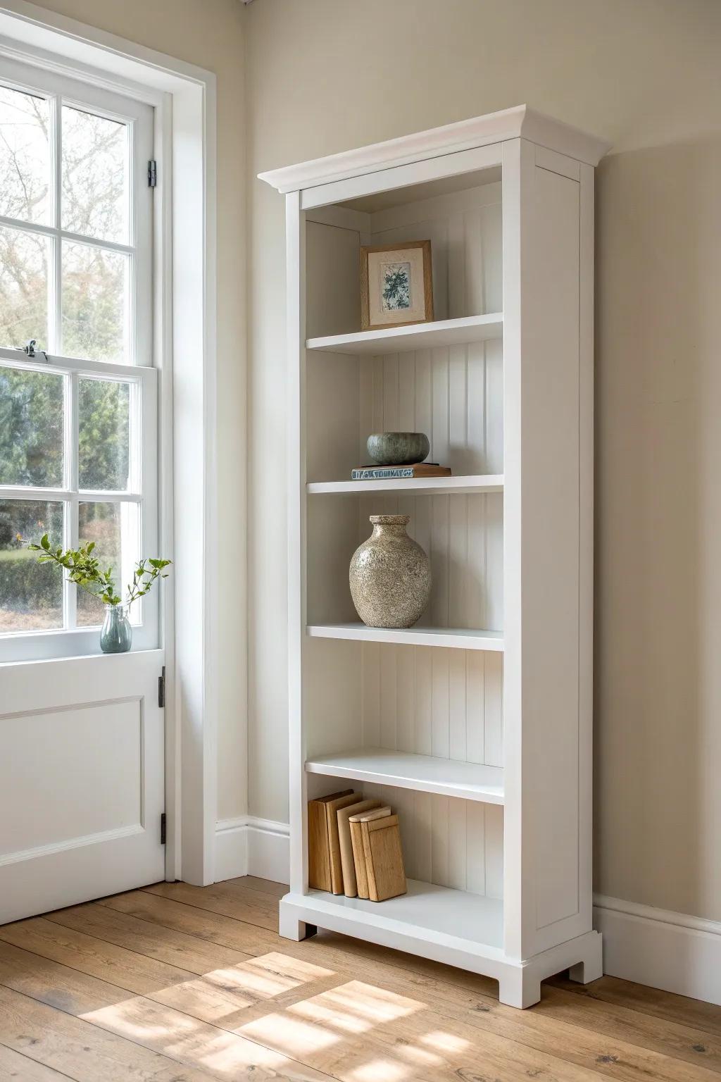 Bright white paint makes an old bookshelf vanish into a small room—clean, calm, brand new.