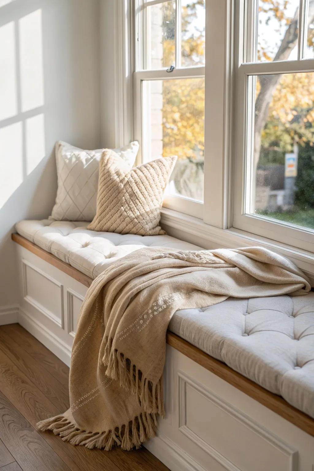Turn a sunny window corner into a cozy nook with one slim cushion and a warm throw.