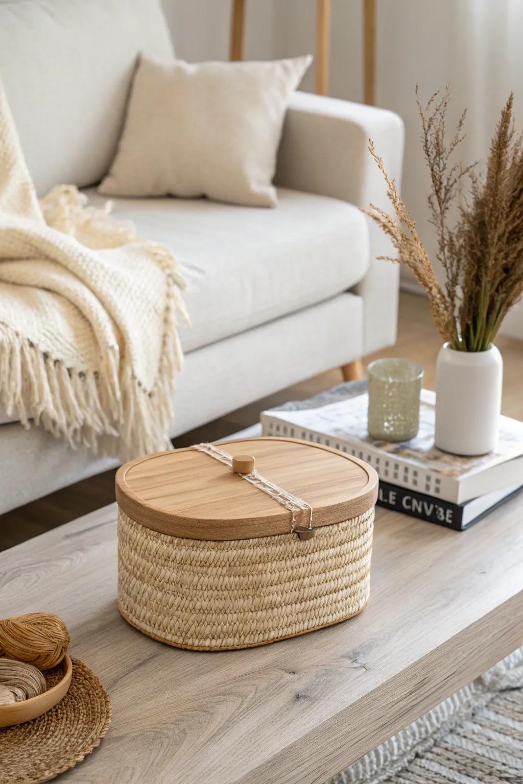 A pretty lidded box keeps remotes hidden fast—calm coffee table, cozy minimalist style.