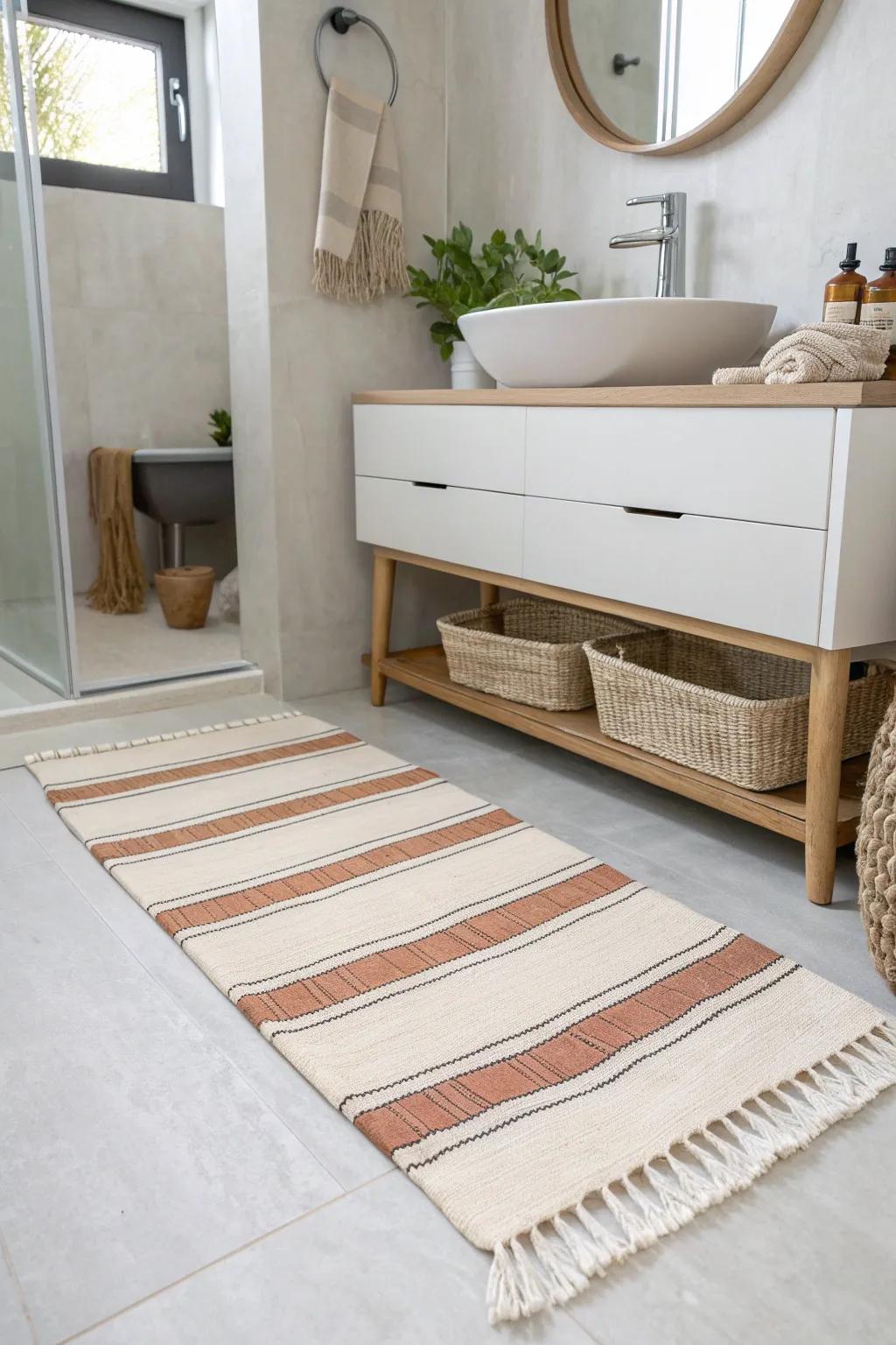 Swap a tiny mat for a long runner to warm your rental bathroom and visually stretch it.