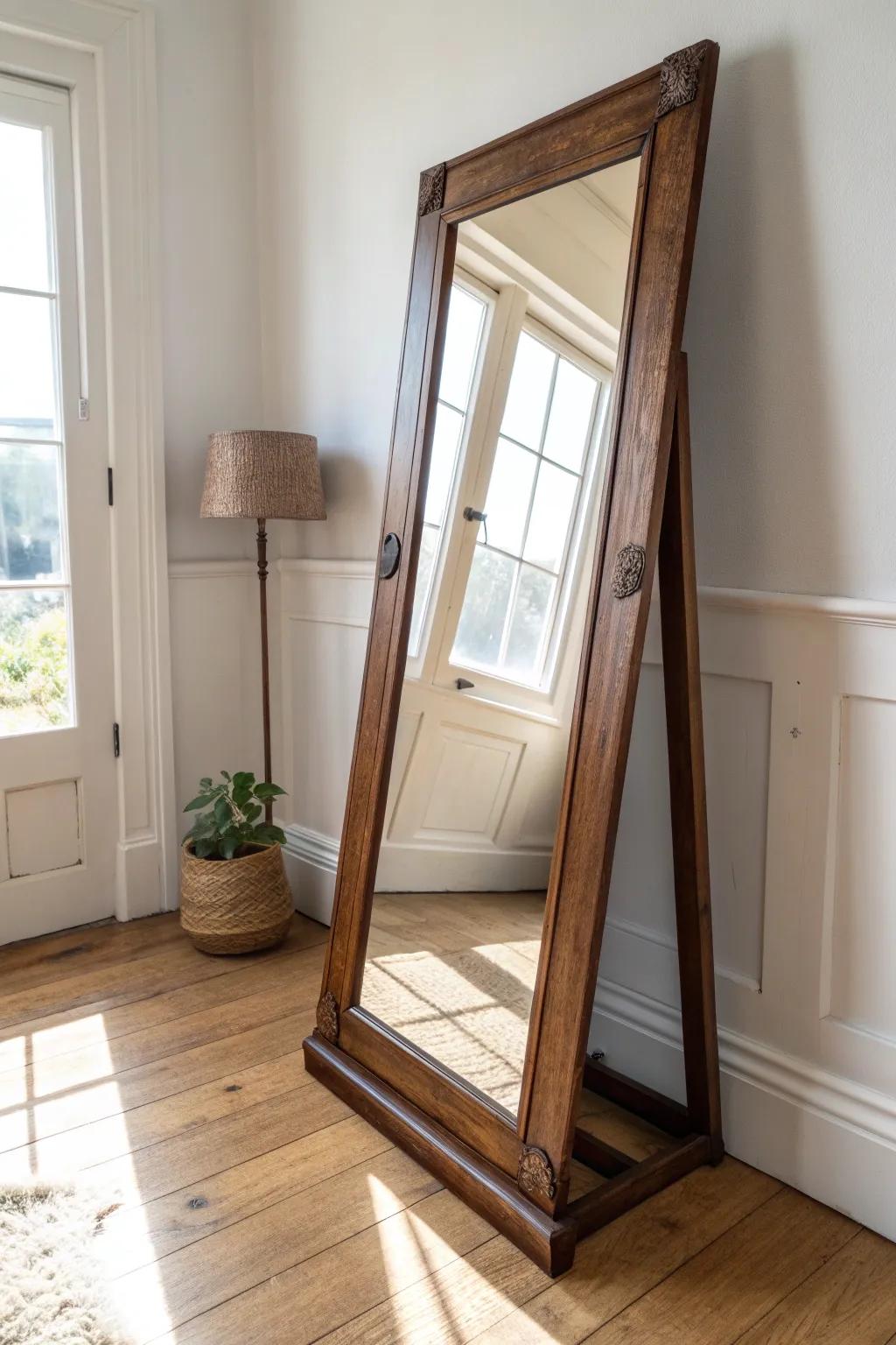 No wall space? Lean a repurposed dresser mirror for an airy full-length look in minutes.