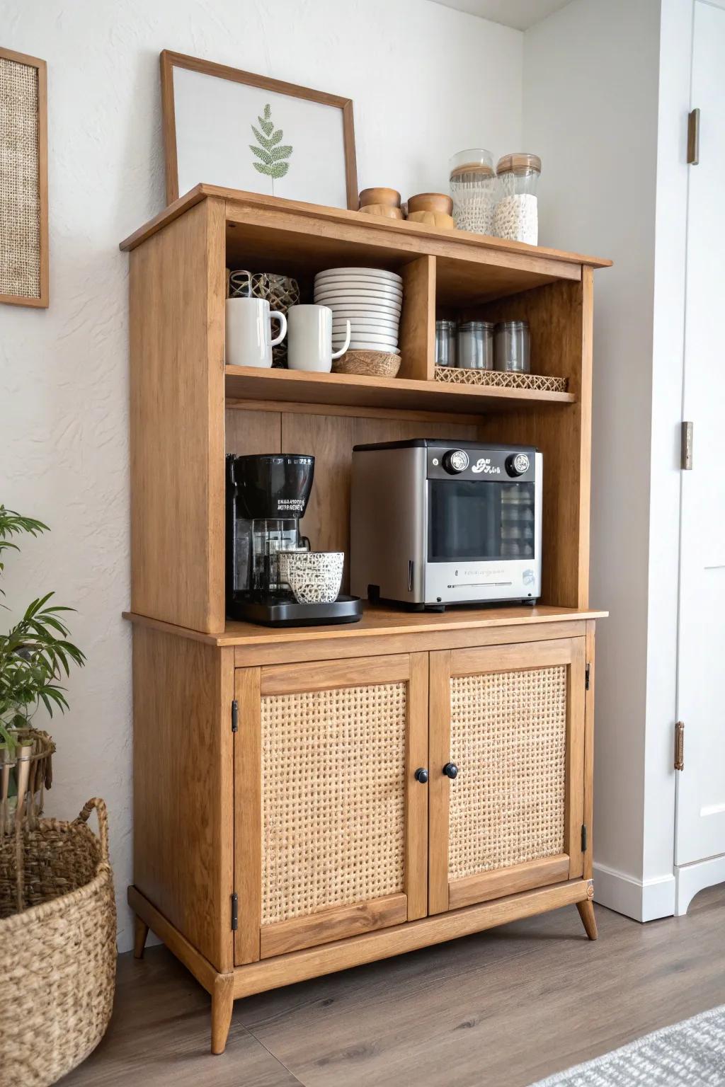 Entertainment center turned coffee station—mugs up top, canisters center, supplies hidden below.