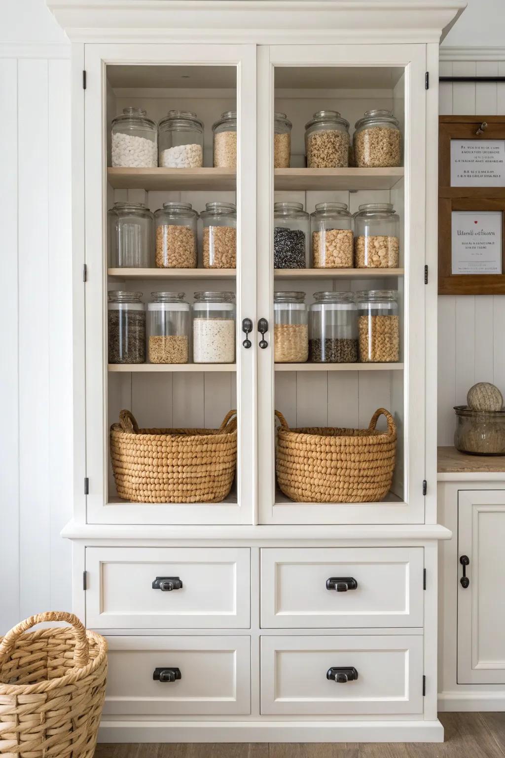 A china cabinet turned pantry—glass doors, labeled jars, and woven baskets for tidy storage.