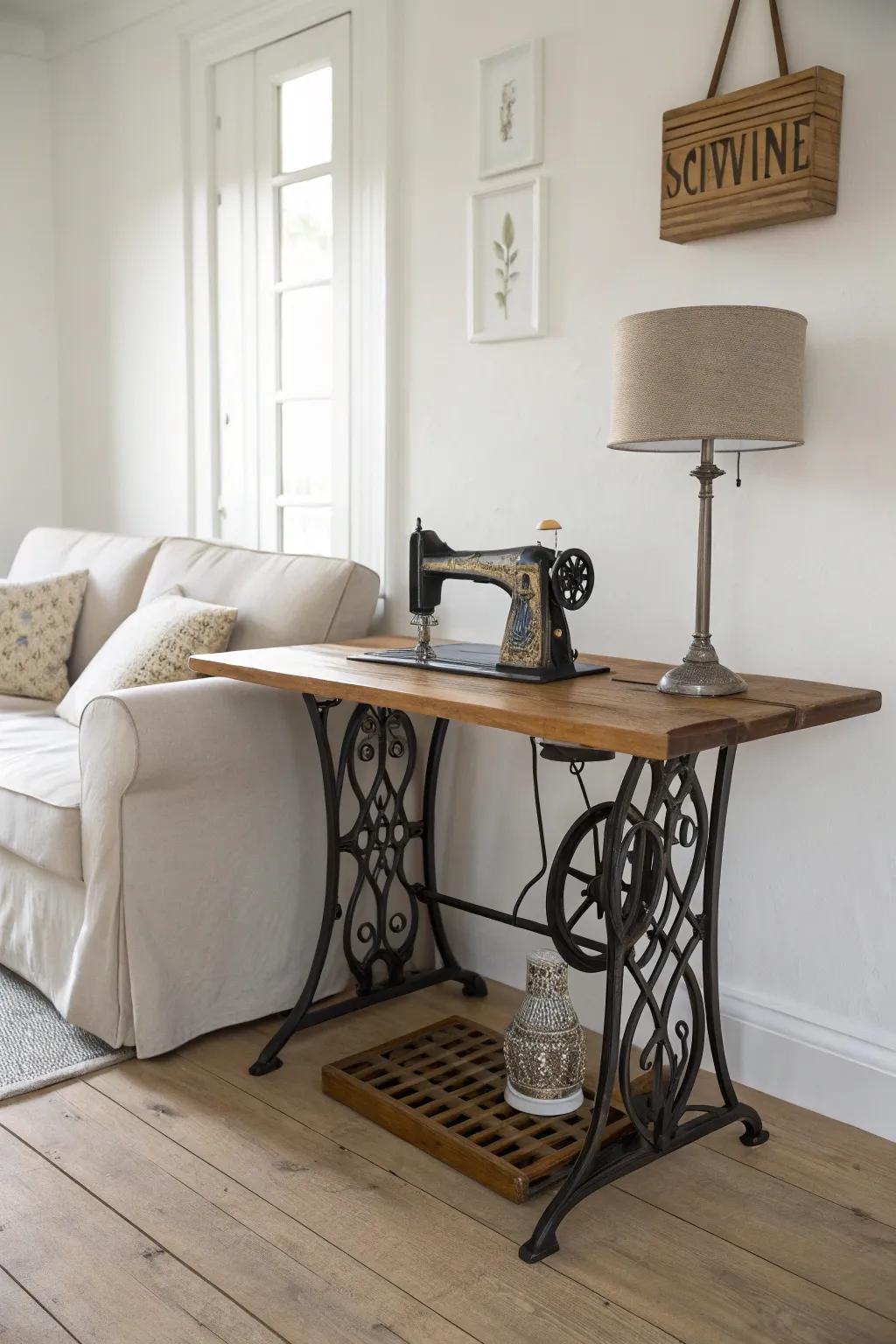Repurposed sewing machine table as a slim sofa table—extra surface, zero bulk.