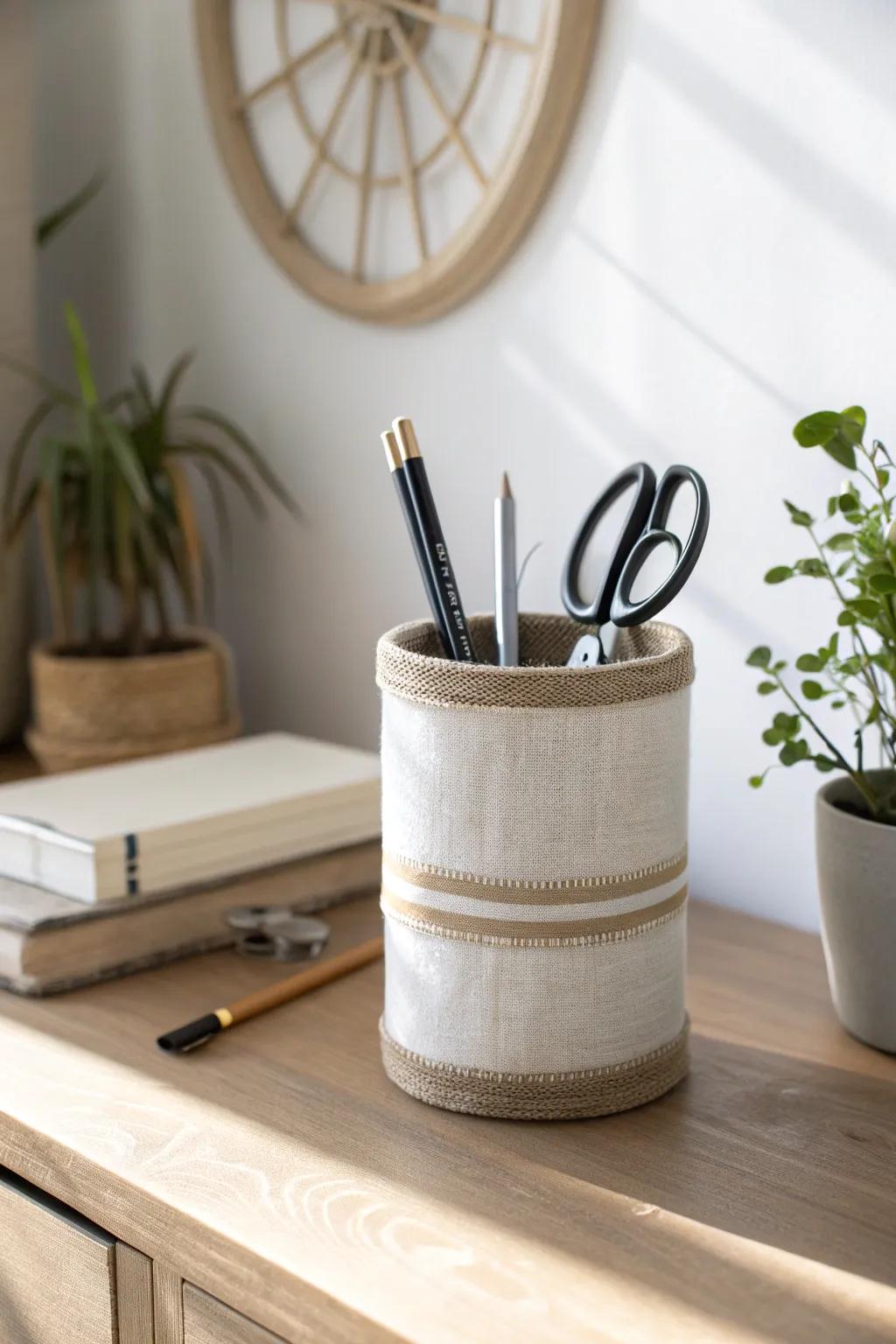 Tin can makeover: a linen-wrapped desk organizer that looks intentional and chic.