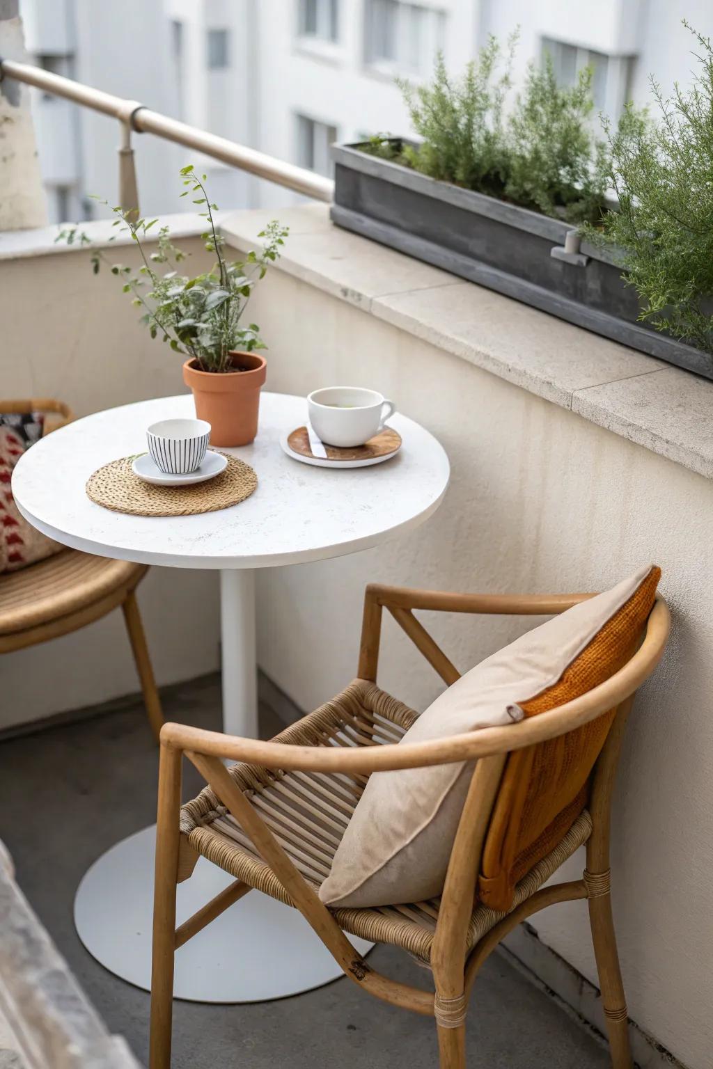 A compact round bistro set that turns a tight rooftop corner into a daily coffee escape.