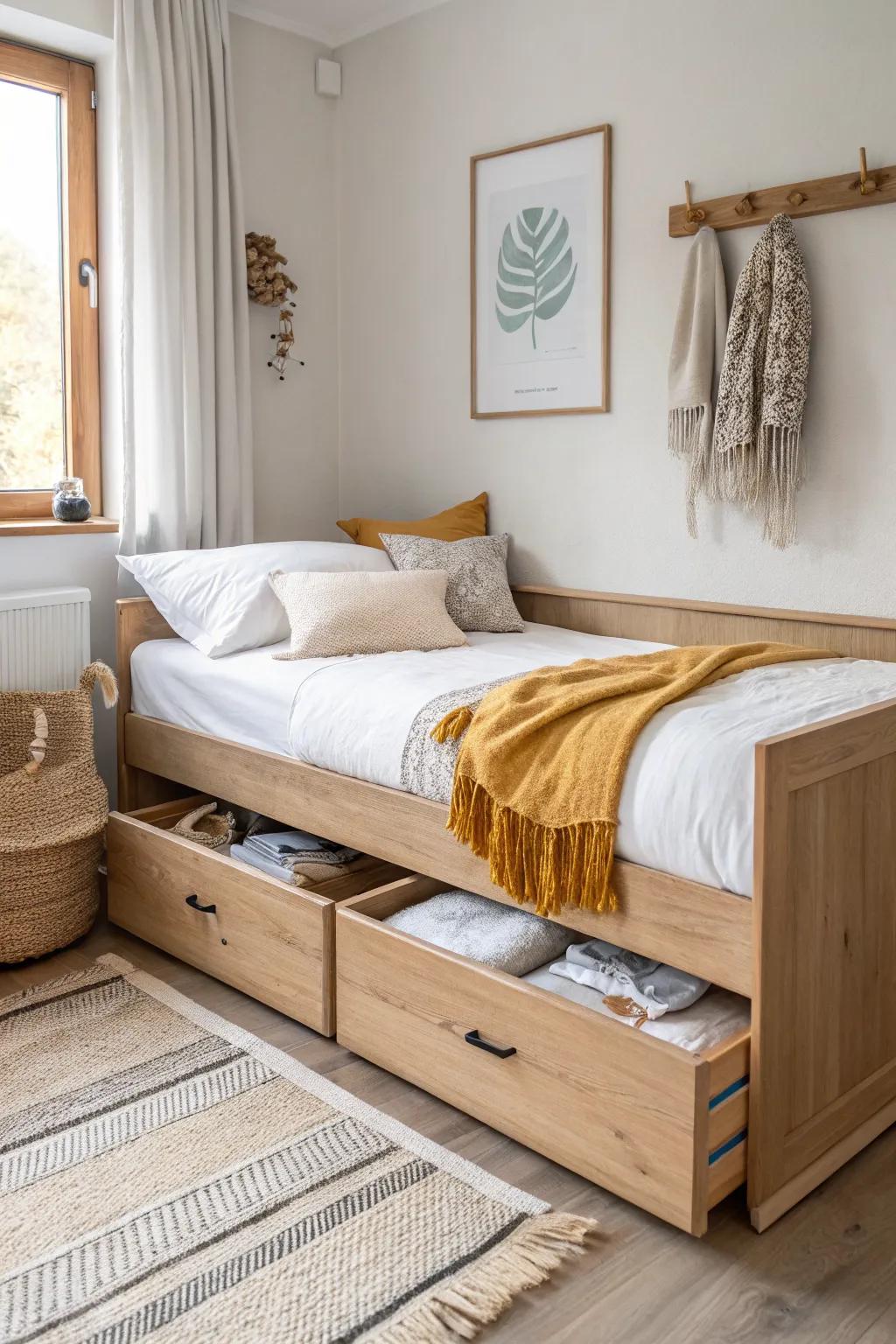 A slim daybed with hidden drawers keeps a tiny guest room serene, stocked, and spacious.