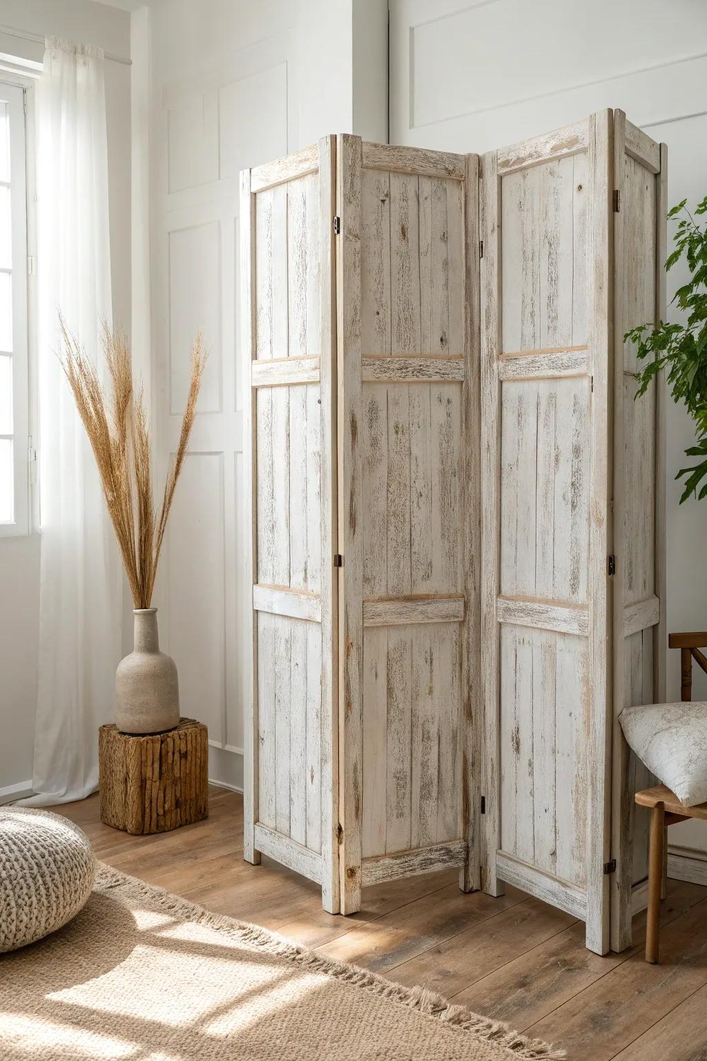 Rustic folding screen: instant cord-hiding charm with warm wood texture in a tiny corner.